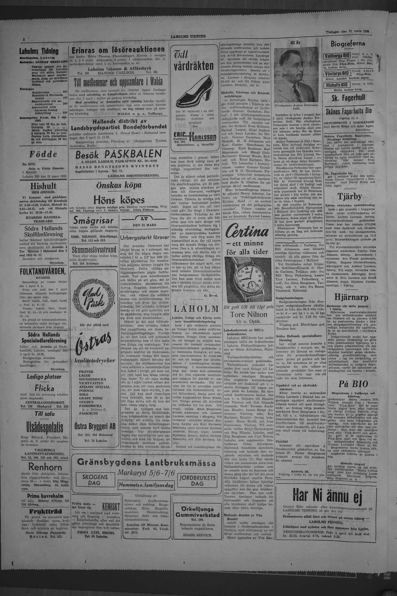 Laholms Tidning Tisdag 31 mars 1953, sida 2