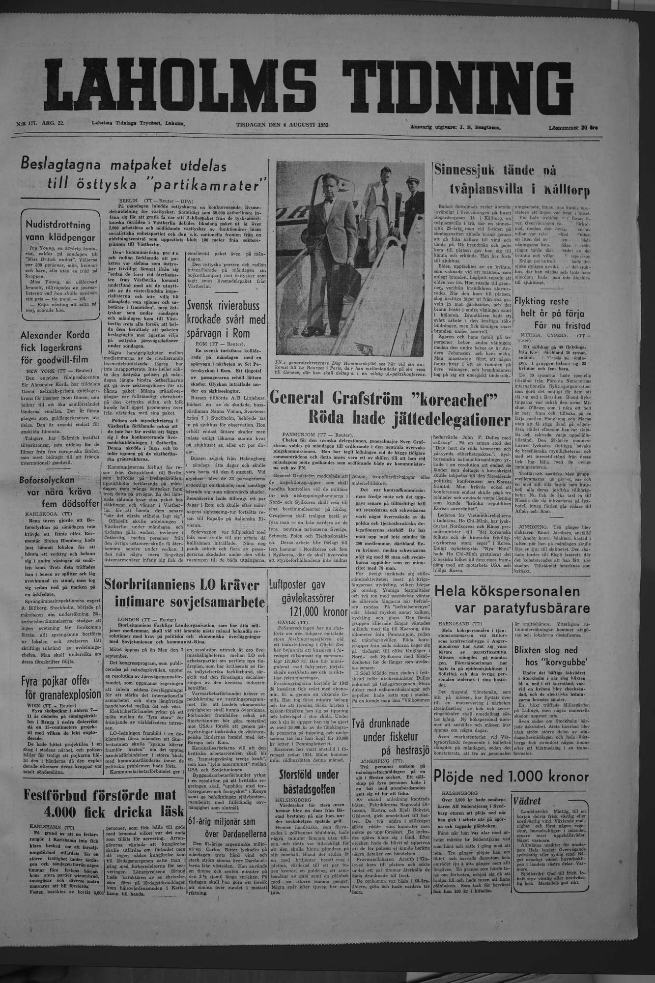 Laholms Tidning Tisdag 4 augusti 1953, sida 1