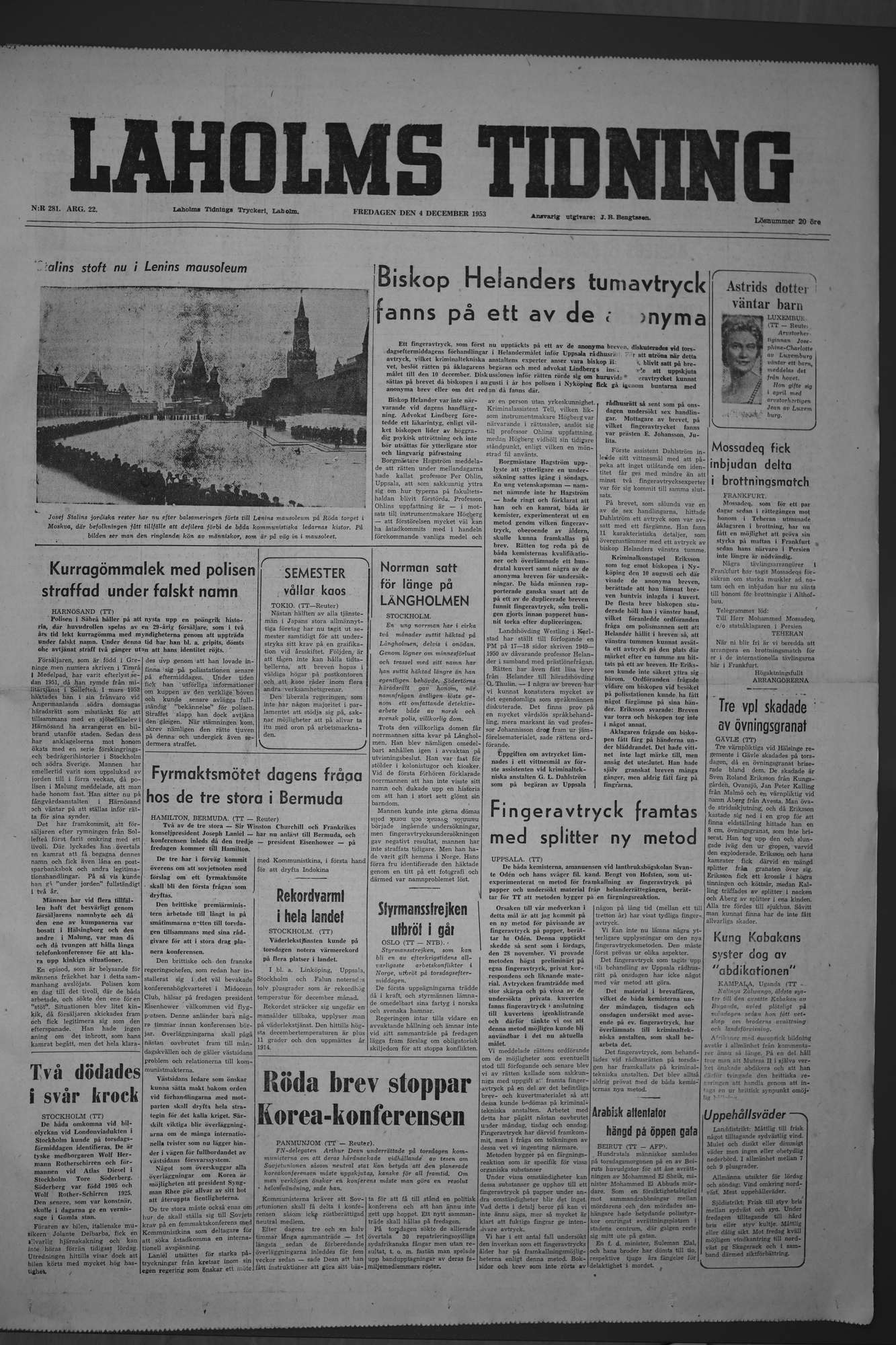 Laholms Tidning Fredag 4 december 1953, sida 1