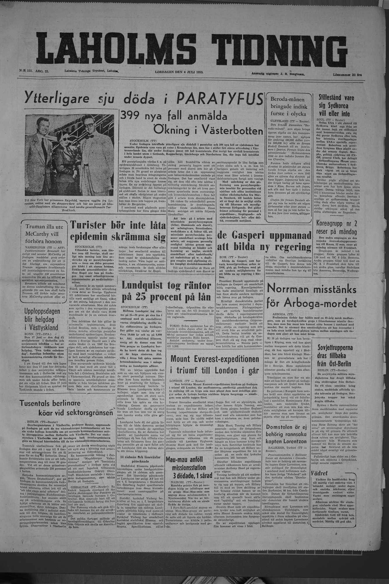Laholms Tidning Lördag 4 juli 1953, sida 1