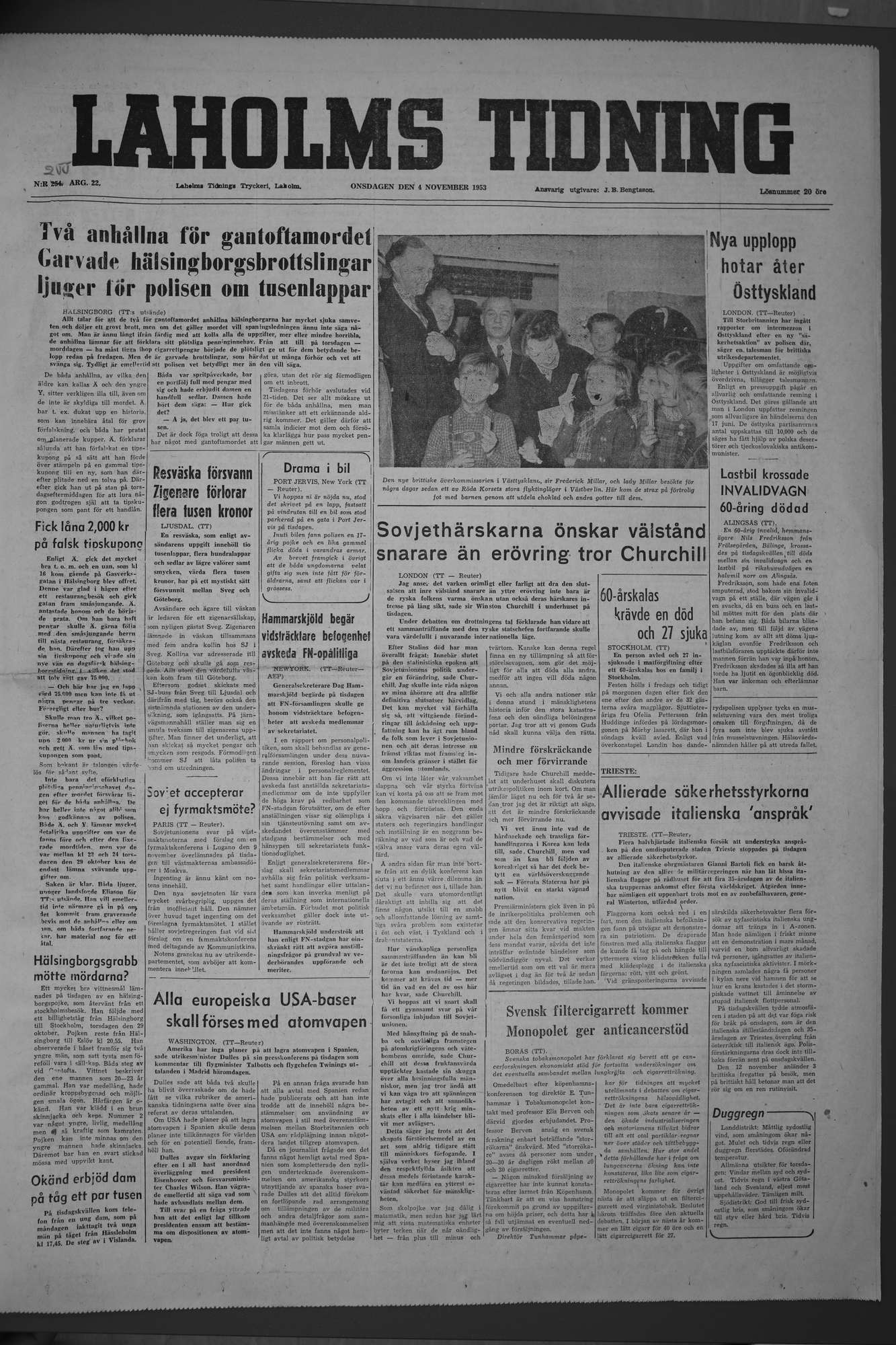Laholms Tidning Onsdag 4 november 1953, sida 1