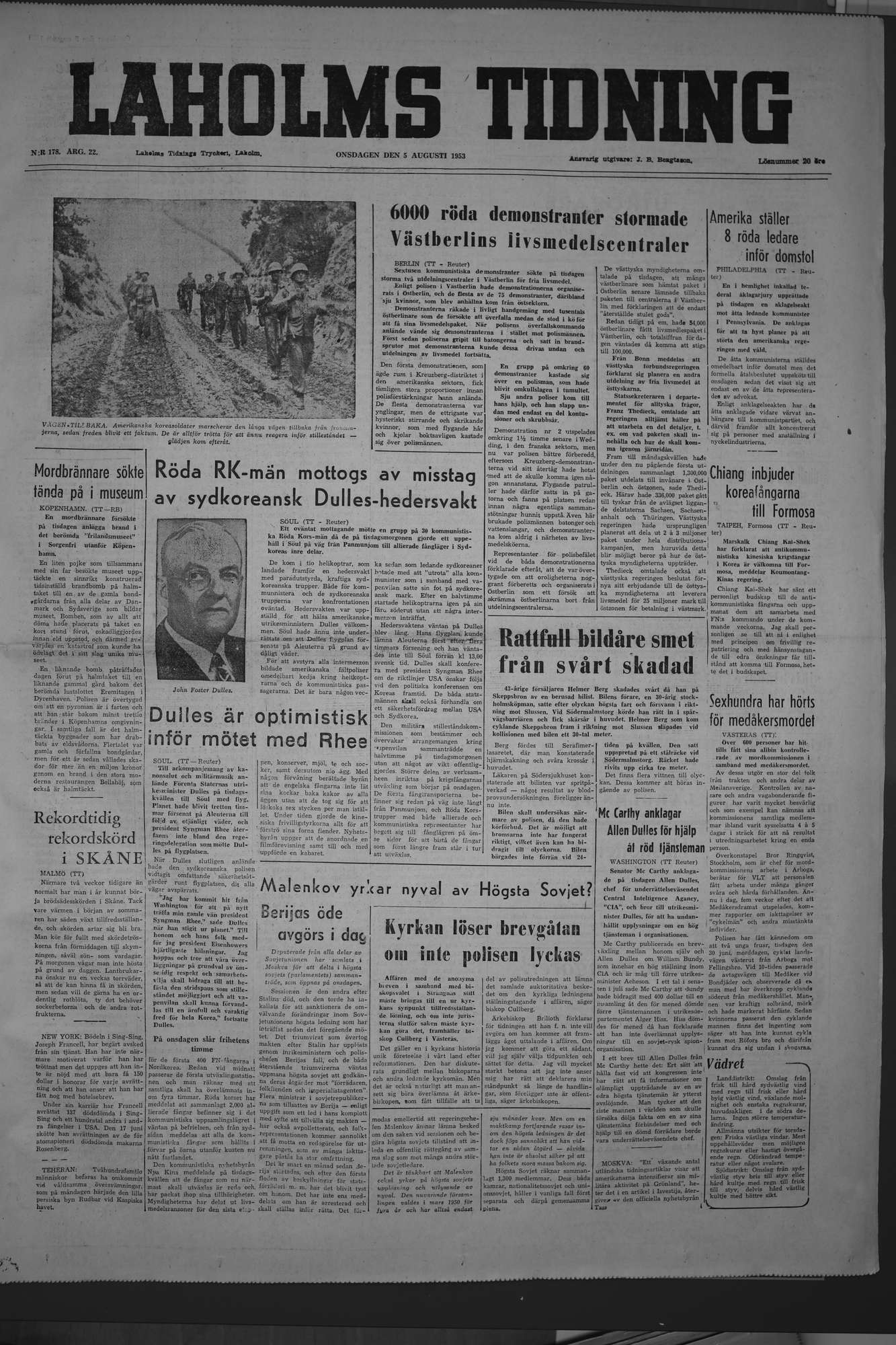 Laholms Tidning Onsdag 5 augusti 1953, sida 1
