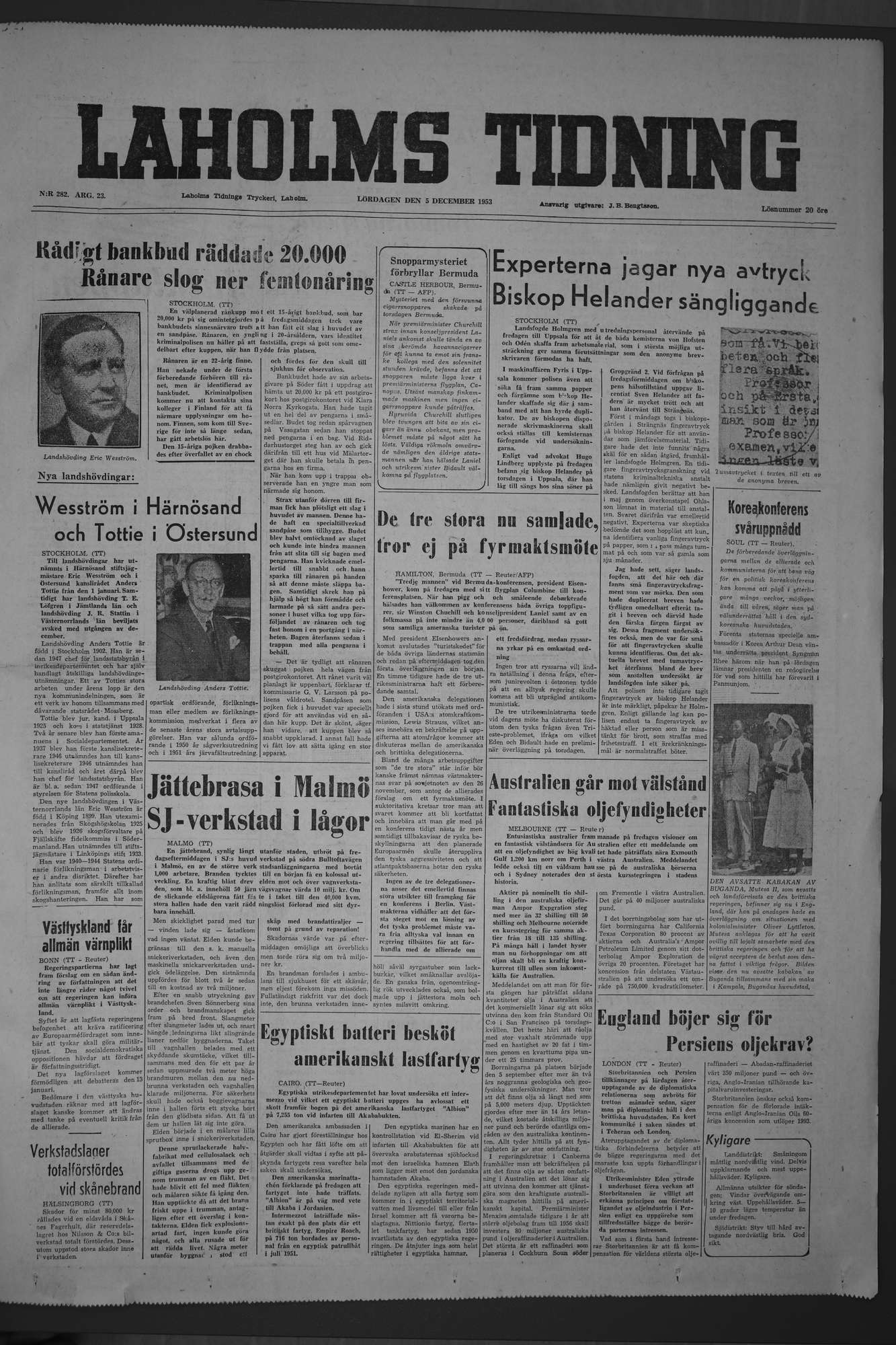 Laholms Tidning Lördag 5 december 1953, sida 1