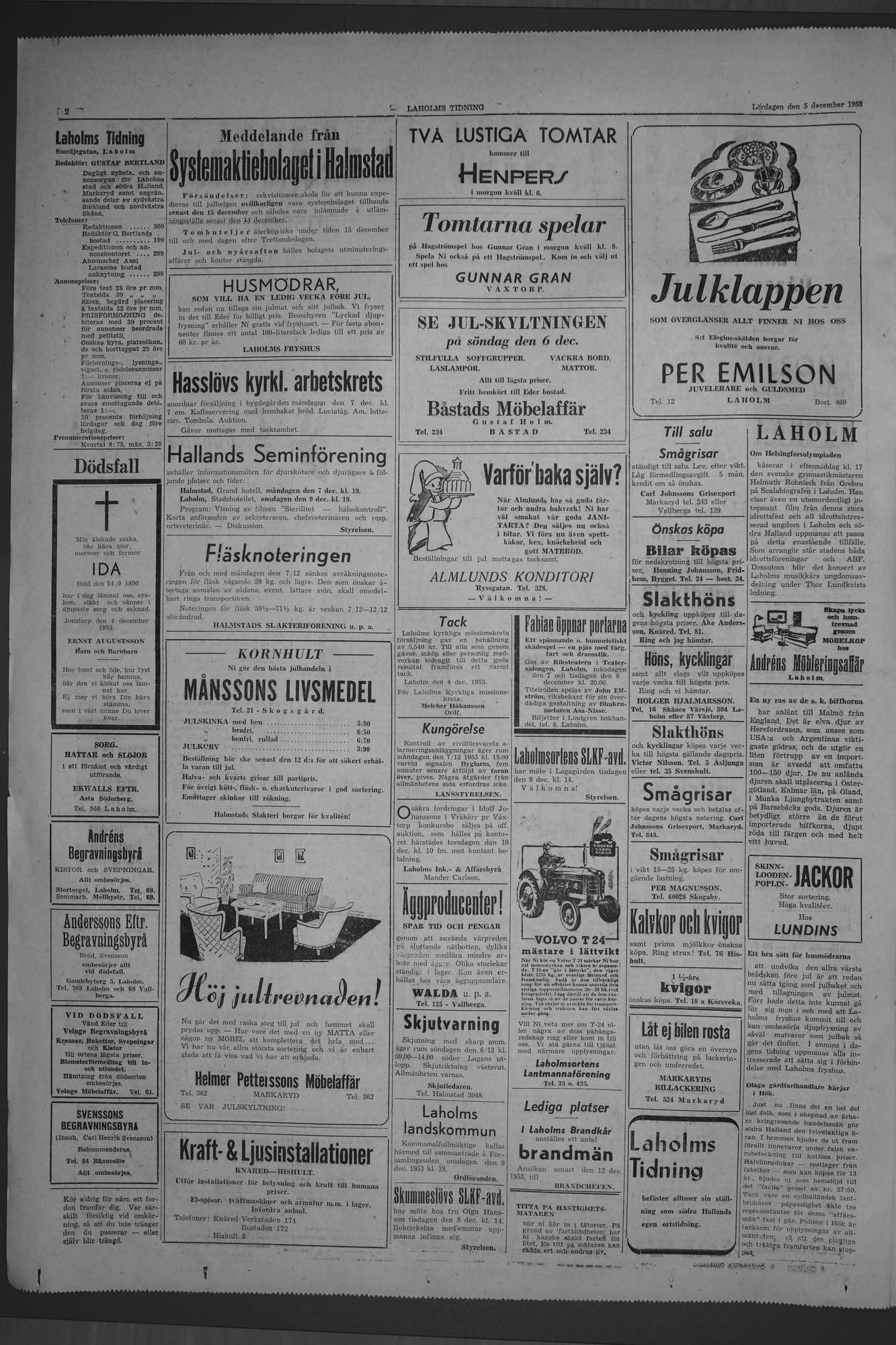 Laholms Tidning Lördag 5 december 1953, sida 2