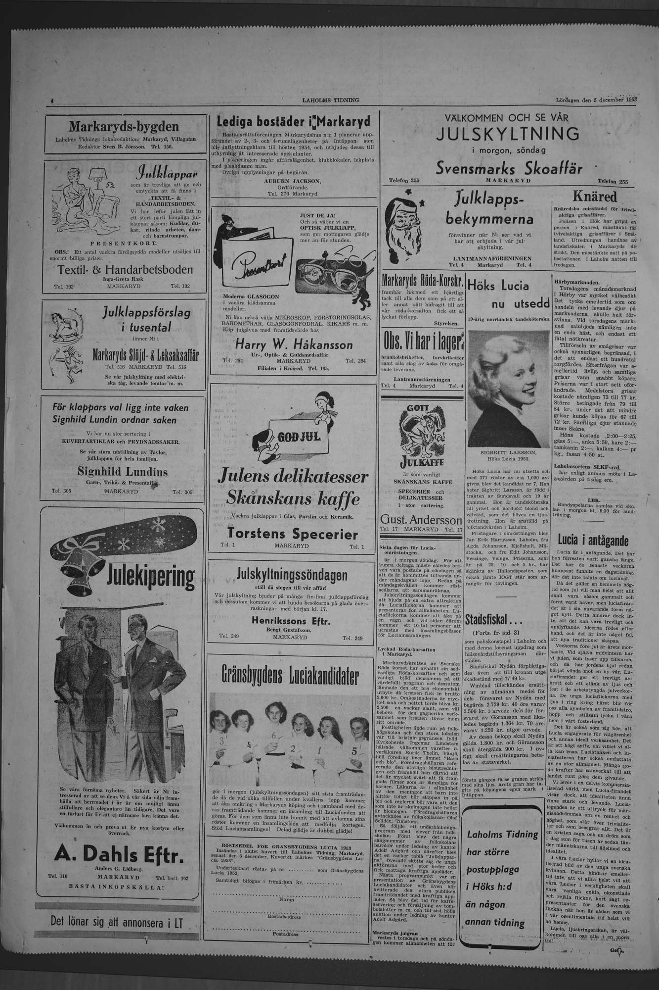 Laholms Tidning Lördag 5 december 1953, sida 4