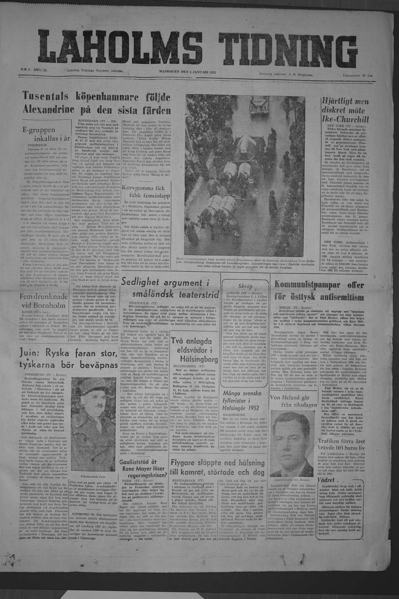 Laholms Tidning Måndag 5 januari 1953, sida 1