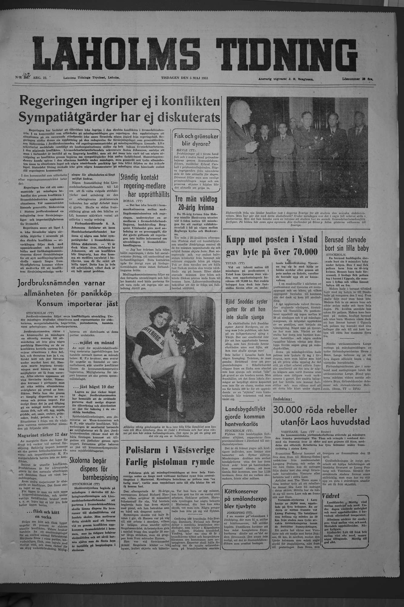 Laholms Tidning Tisdag 5 maj 1953, sida 1
