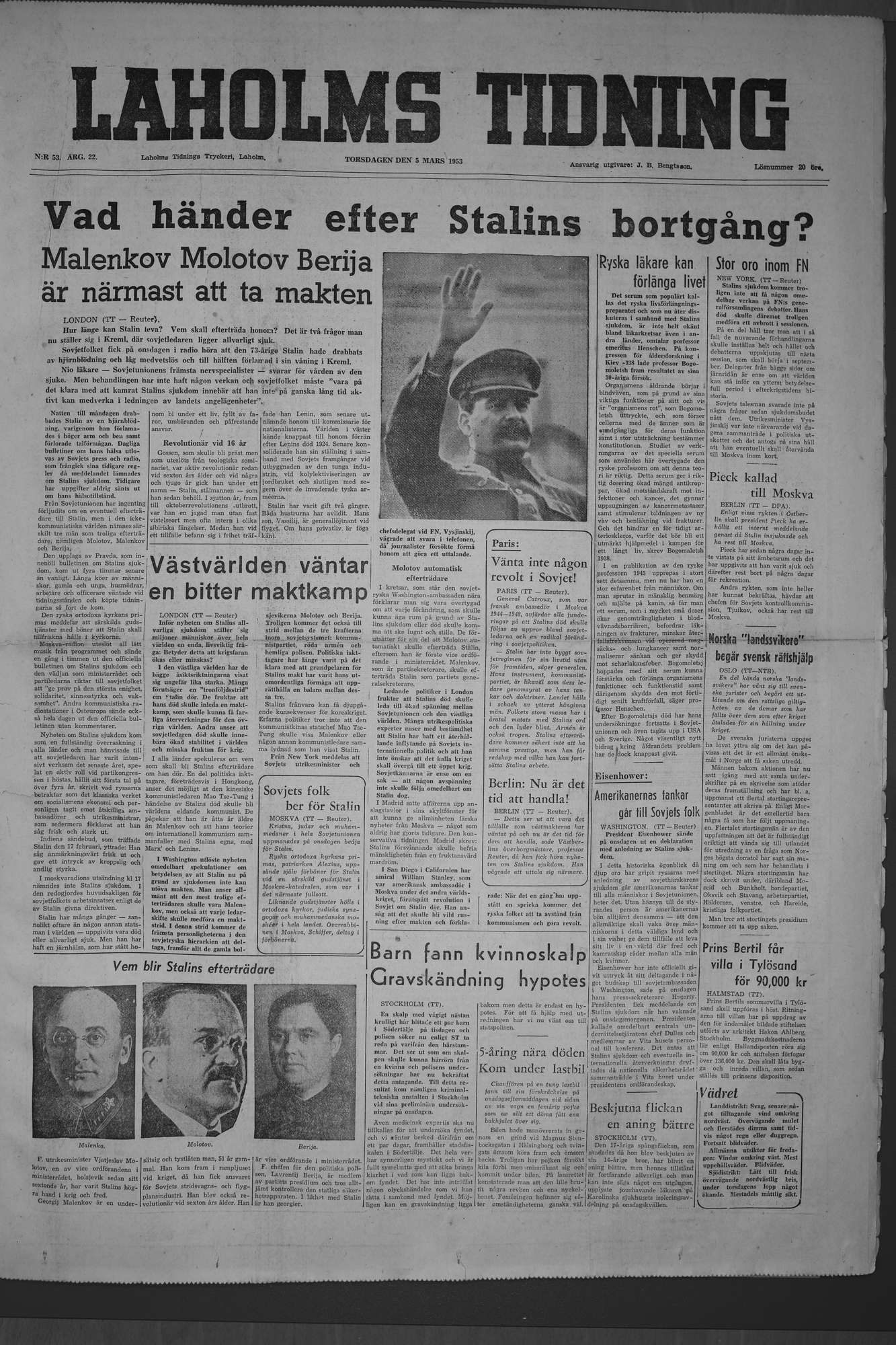 Laholms Tidning Torsdag 5 mars 1953, sida 1