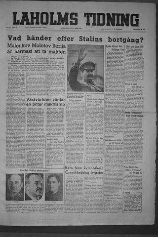 Förstasidan, Torsdag 5 mars 1953