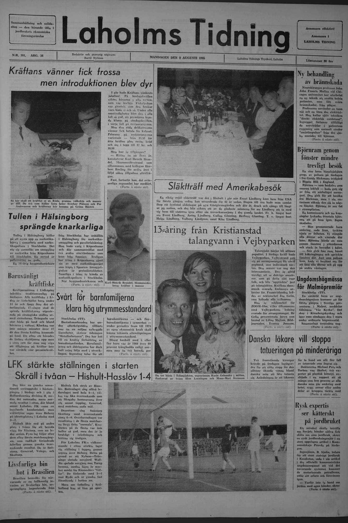 Laholms Tidning Måndag 9 augusti 1965, sida 1
