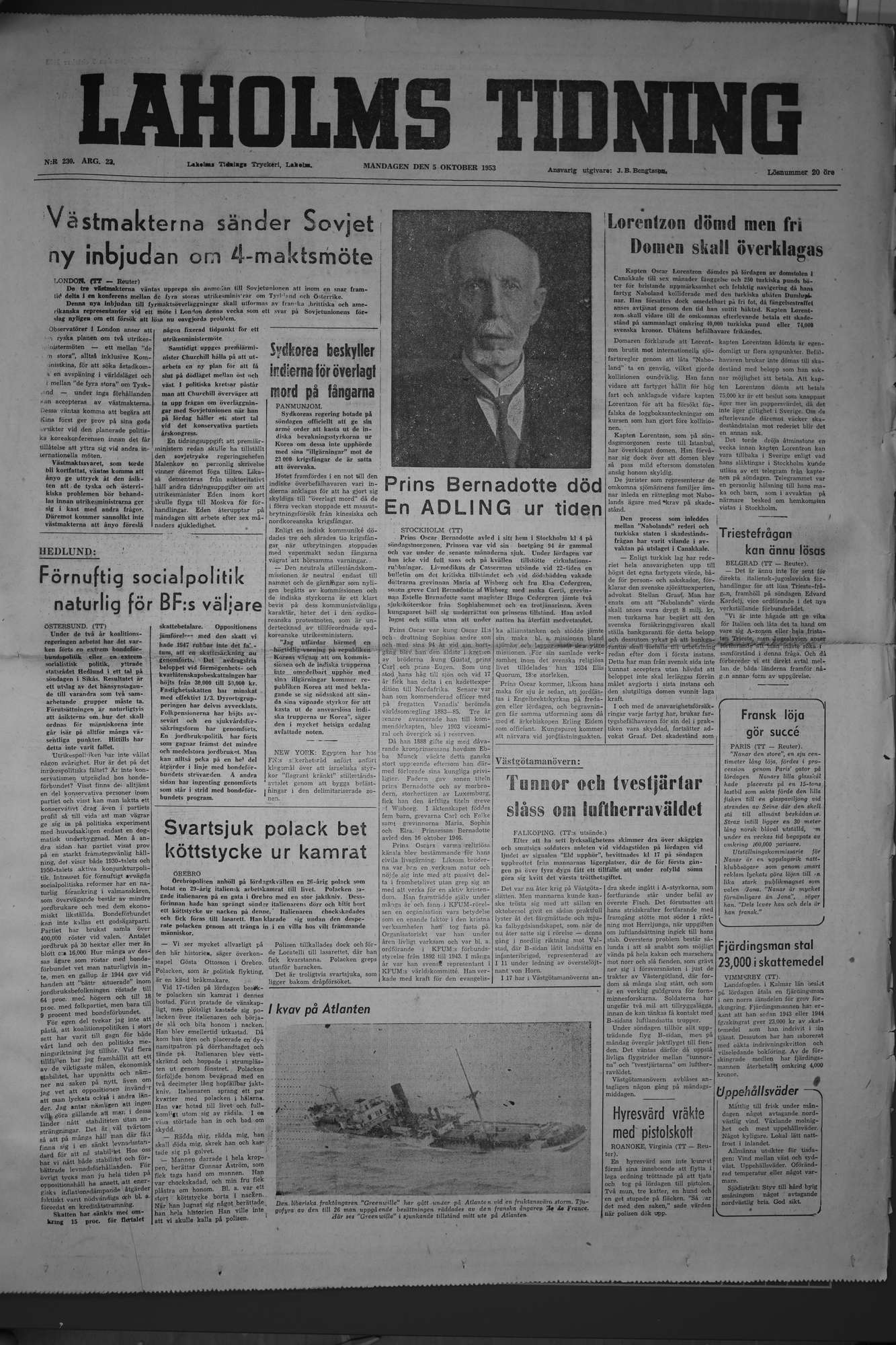 Laholms Tidning Måndag 5 oktober 1953, sida 1