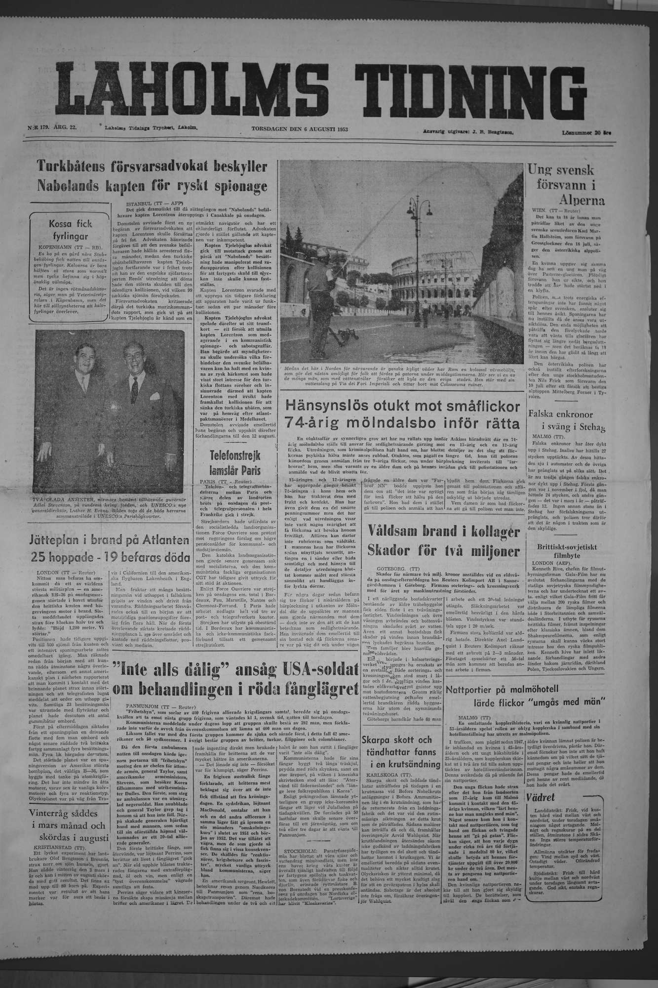 Laholms Tidning Torsdag 6 augusti 1953, sida 1