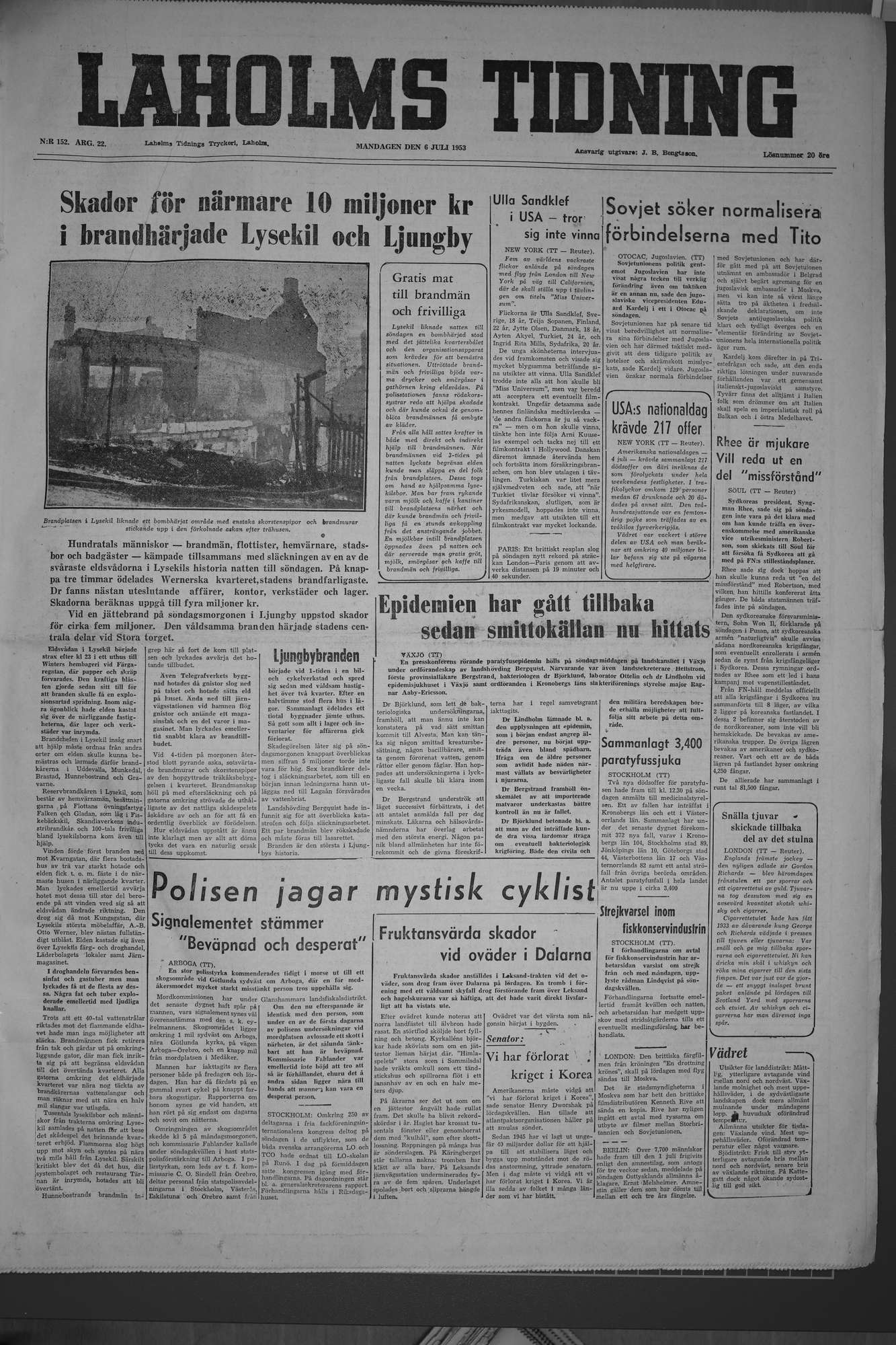 Laholms Tidning Måndag 6 juli 1953, sida 1