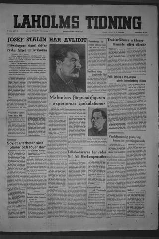 Förstasidan, Fredag 6 mars 1953
