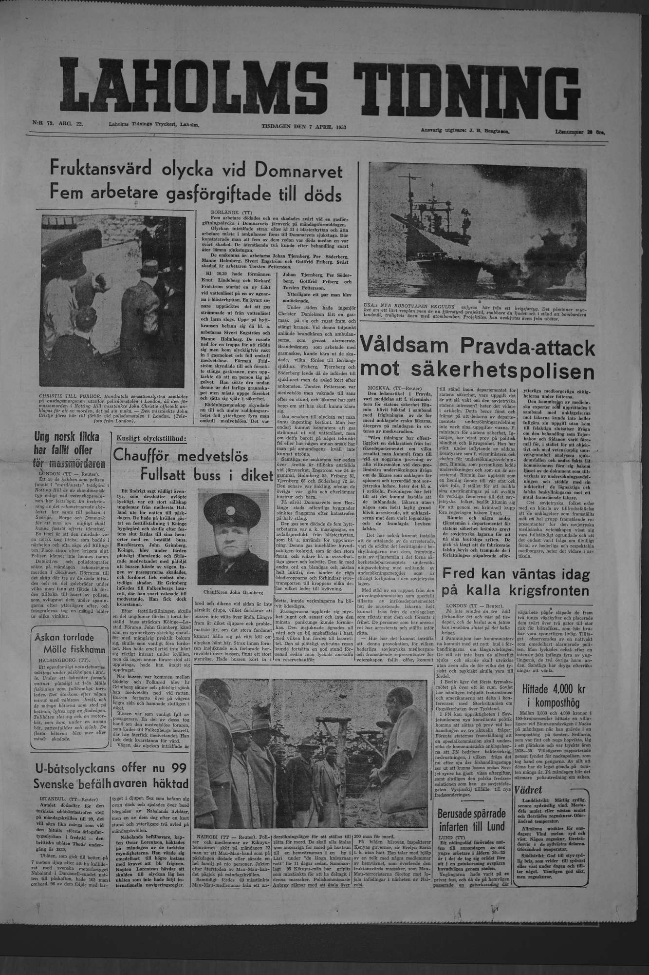 Laholms Tidning Tisdag 7 april 1953, sida 1