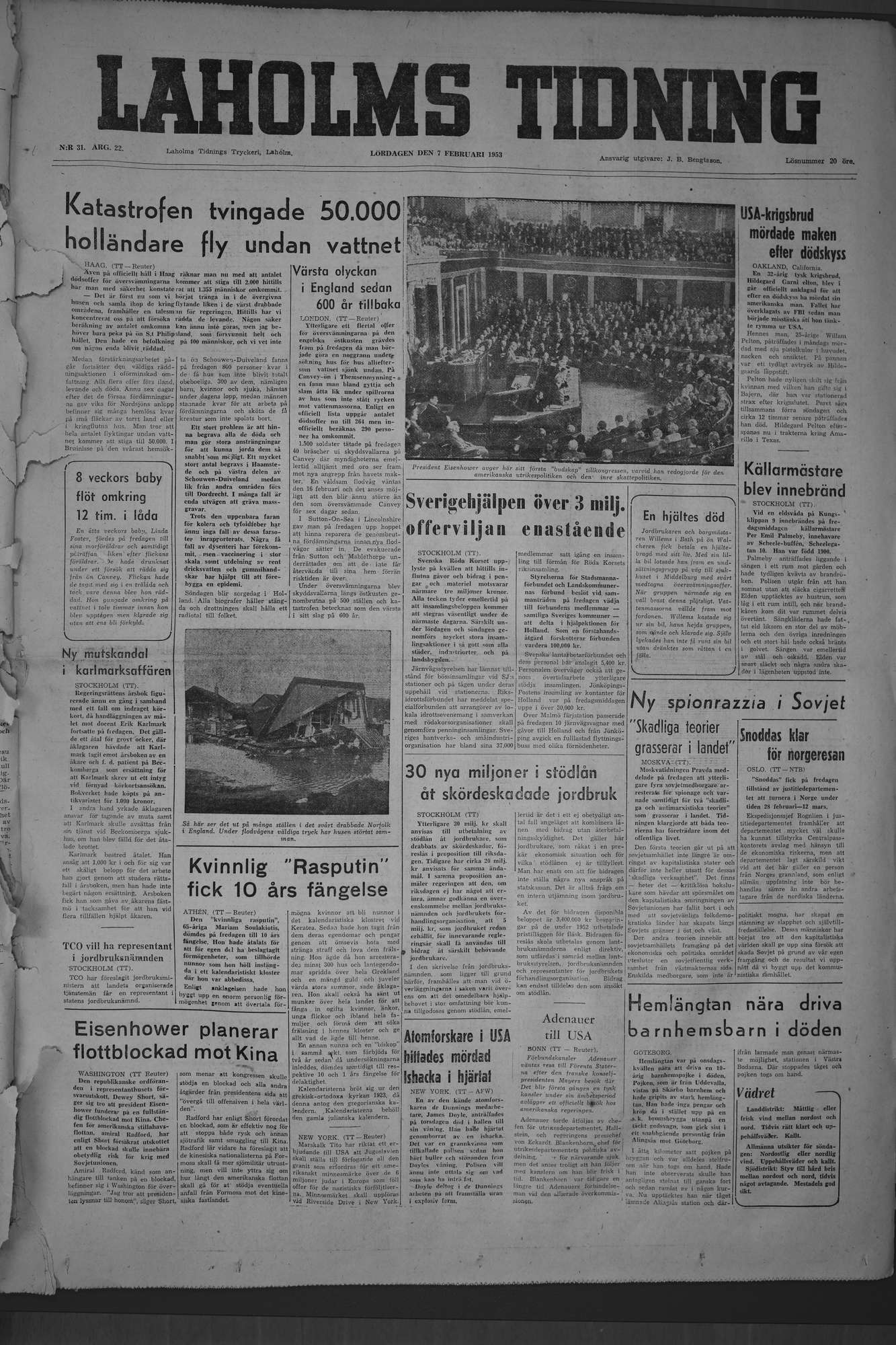 Laholms Tidning Lördag 7 februari 1953, sida 1