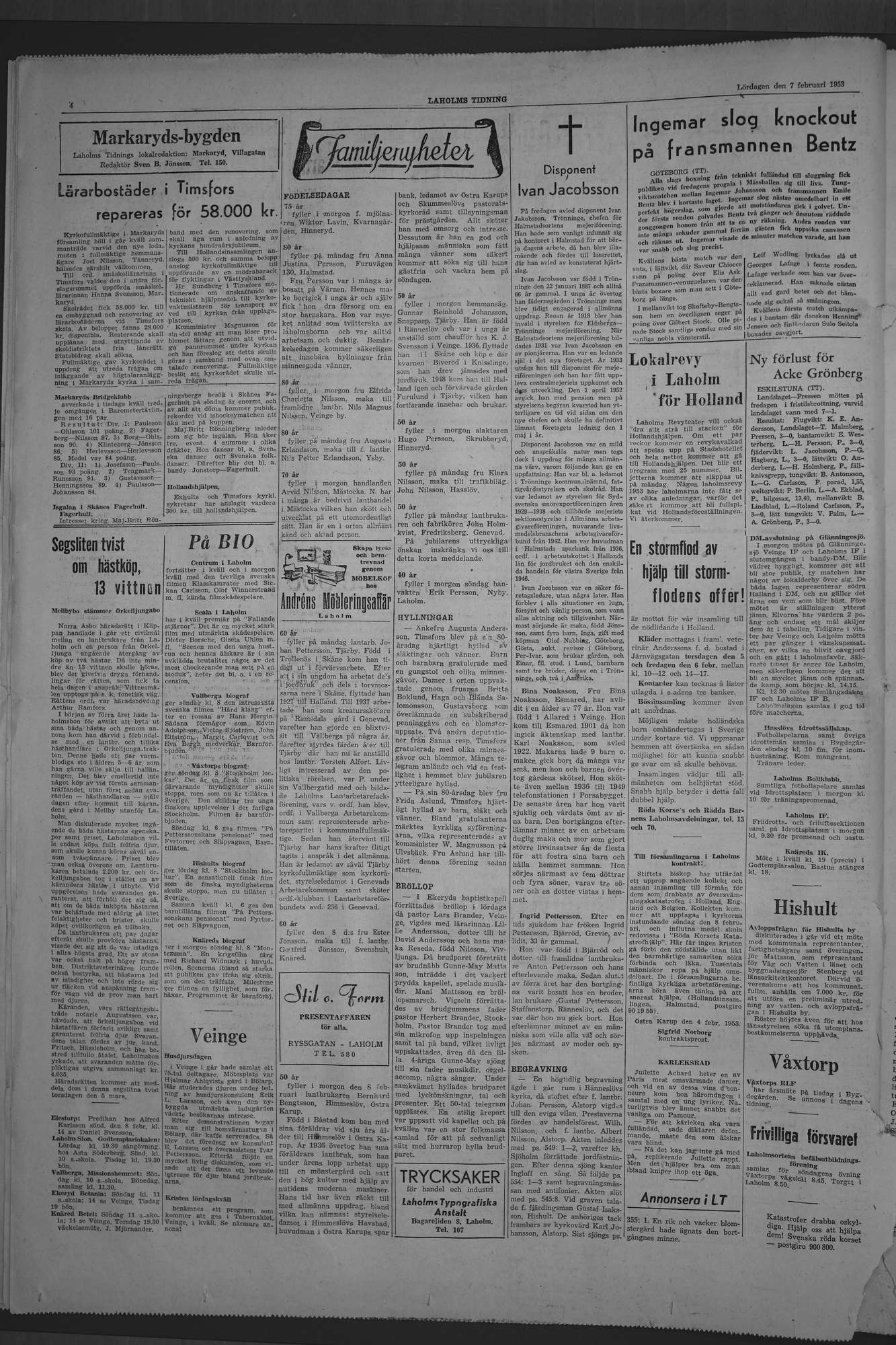 Laholms Tidning Lördag 7 februari 1953, sida 4