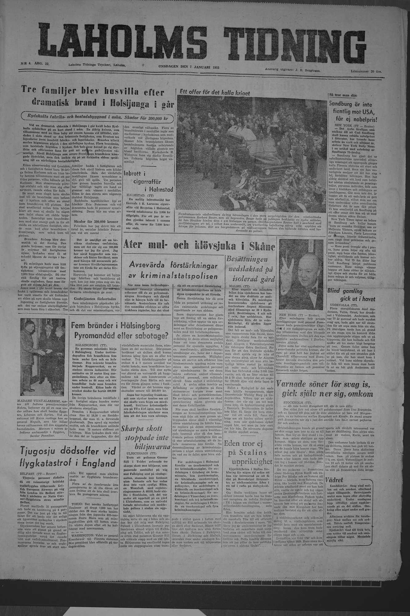 Laholms Tidning Onsdag 7 januari 1953, sida 1