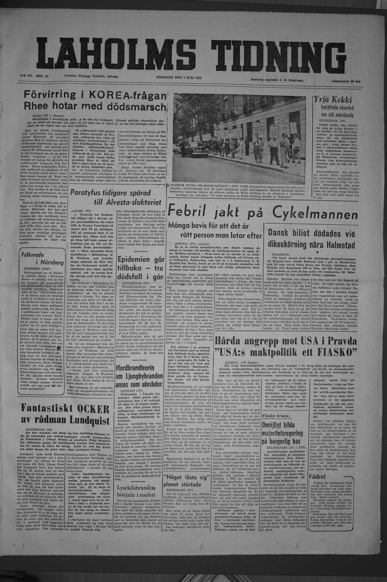 Laholms Tidning Tisdag 7 juli 1953, sida 1