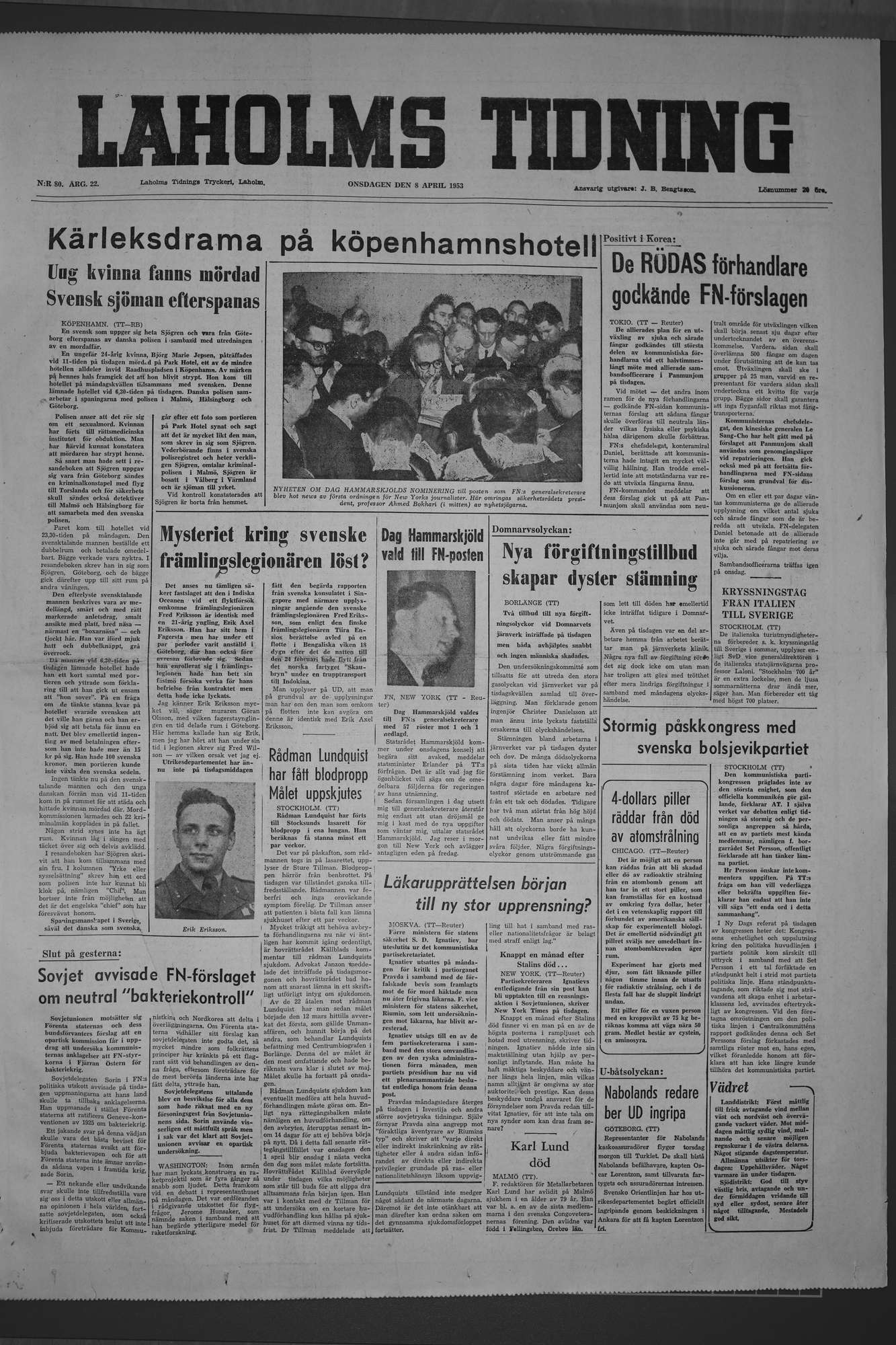 Laholms Tidning Onsdag 8 april 1953, sida 1