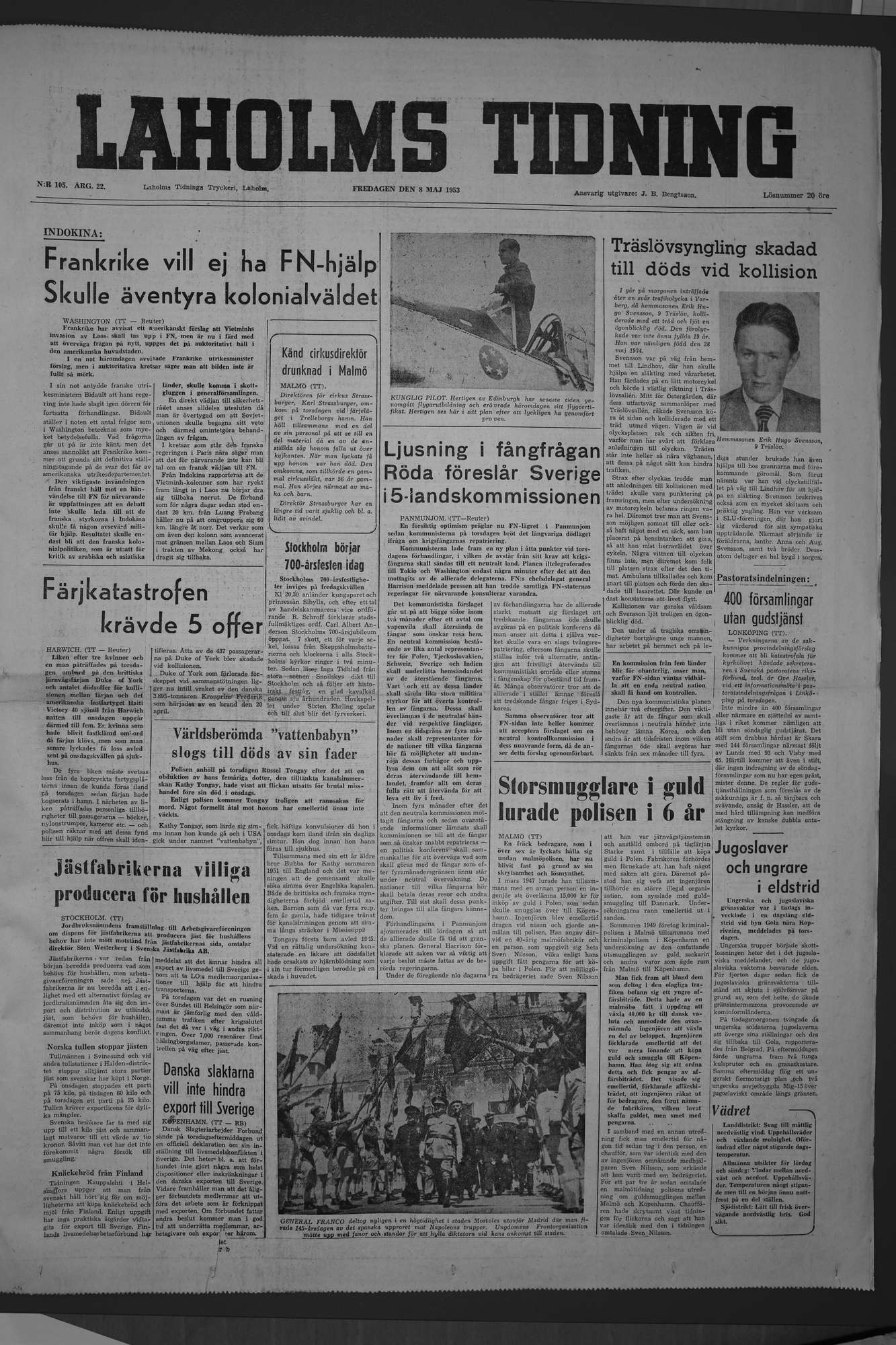 Laholms Tidning Fredag 8 maj 1953, sida 1