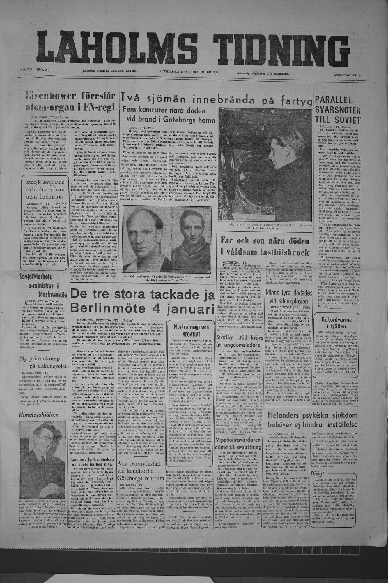 Laholms Tidning Onsdag 9 december 1953, sida 1