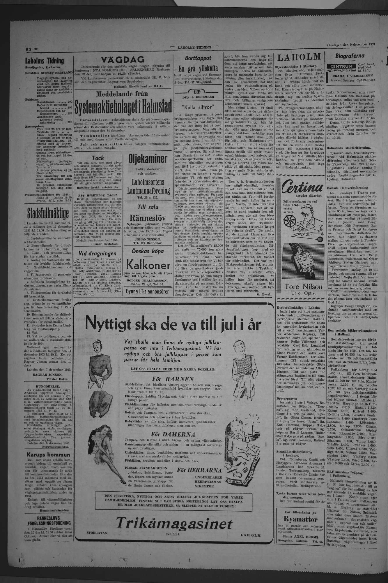 Laholms Tidning Onsdag 9 december 1953, sida 2