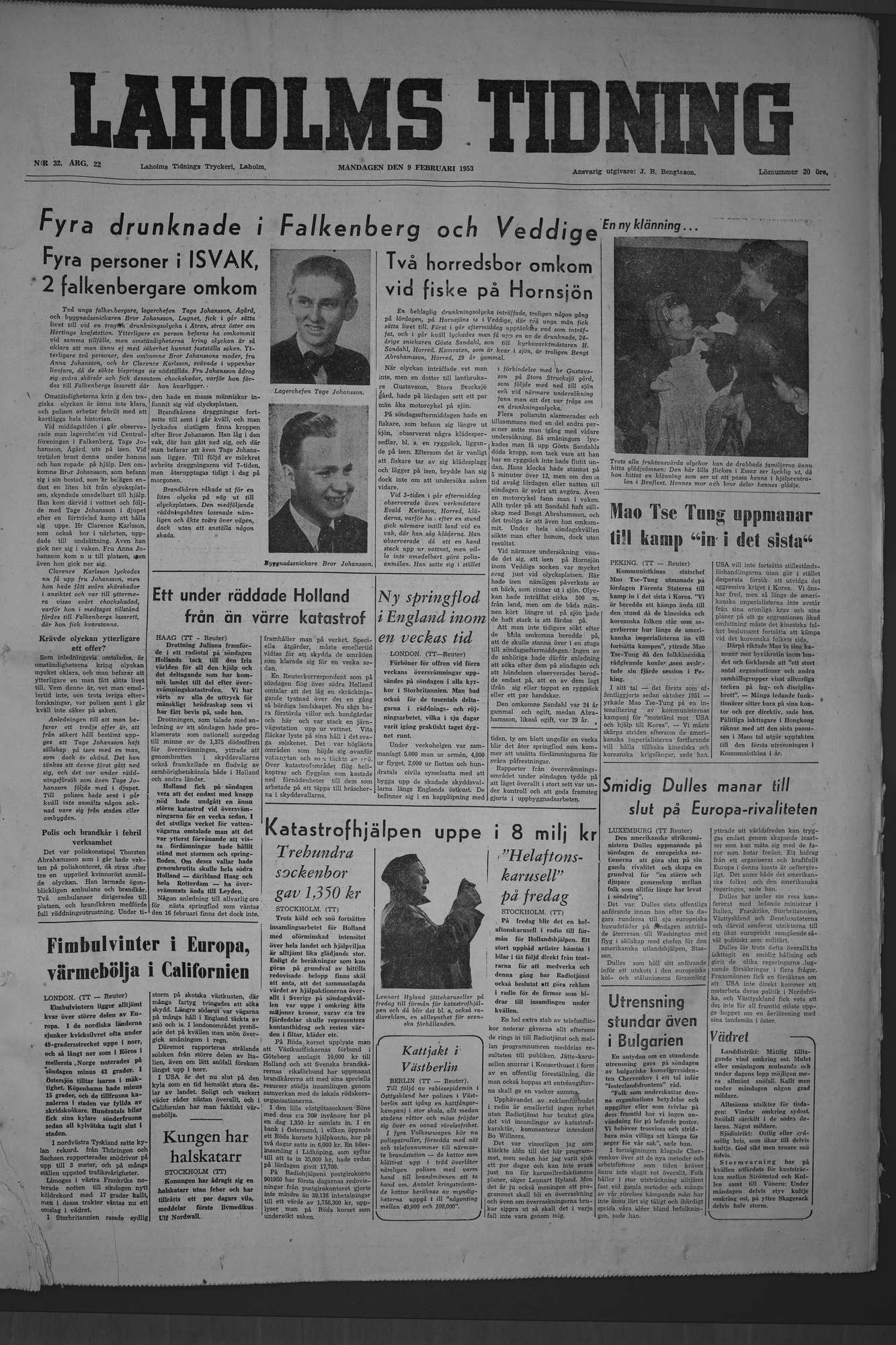 Laholms Tidning Måndag 9 februari 1953, sida 1
