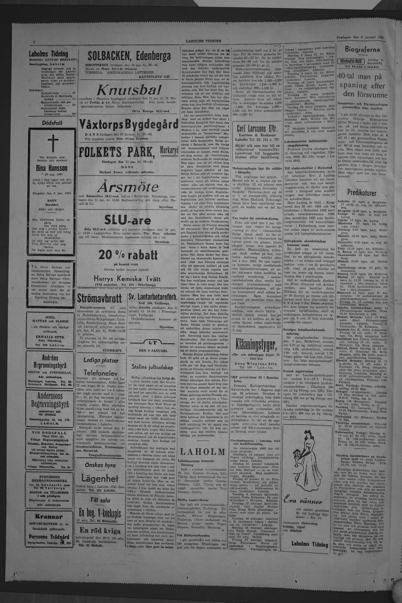 Laholms Tidning Fredag 9 januari 1953, sida 2