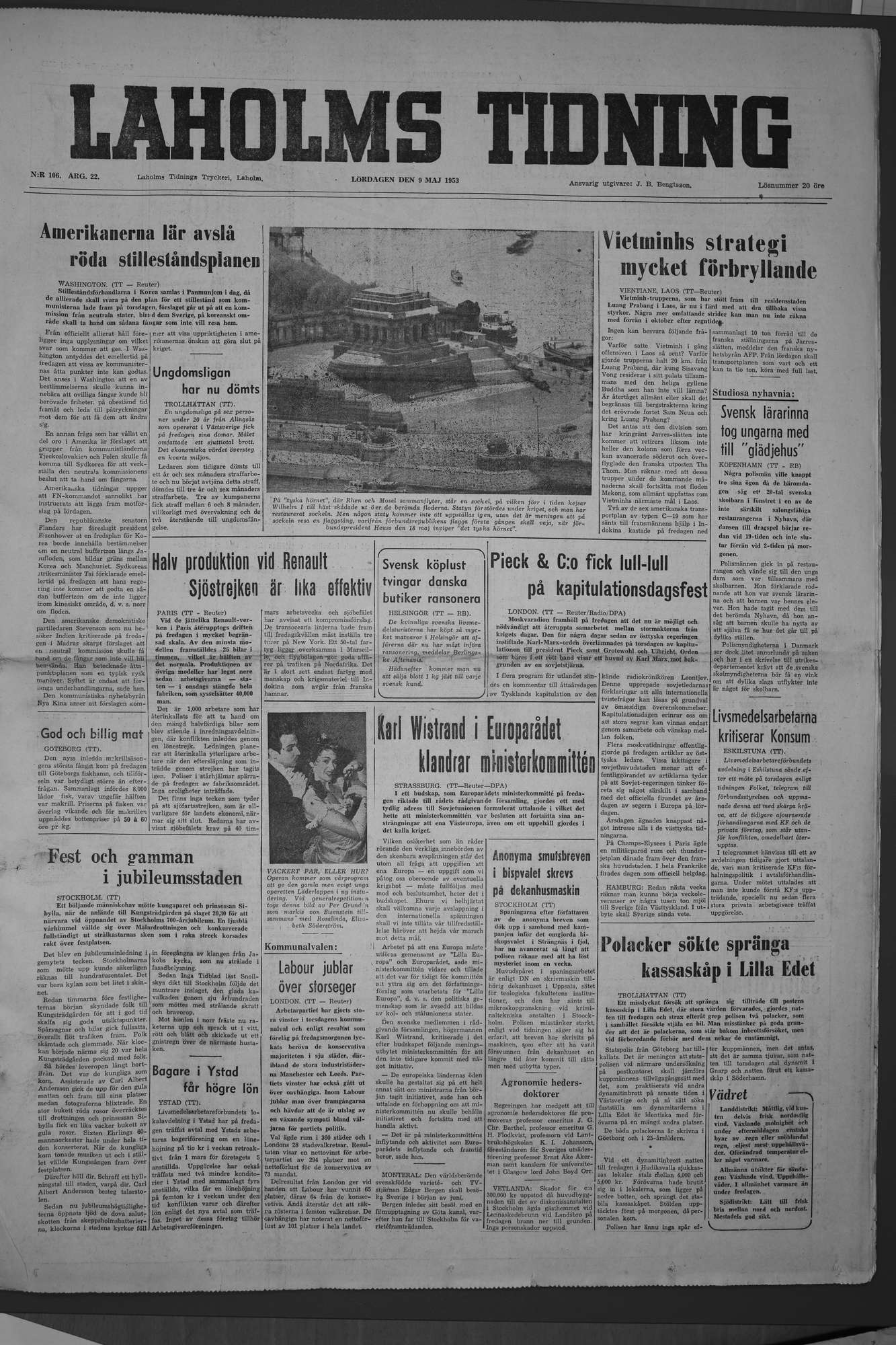 Laholms Tidning Lördag 9 maj 1953, sida 1