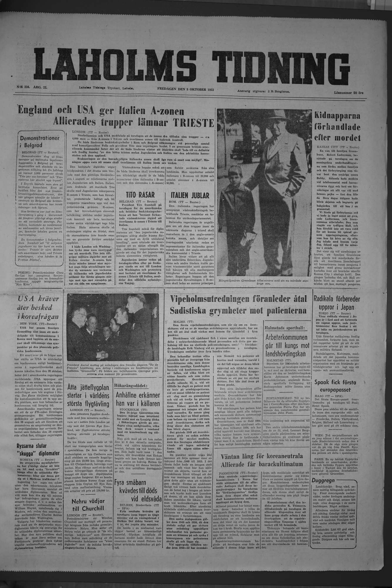 Laholms Tidning Fredag 9 oktober 1953, sida 1