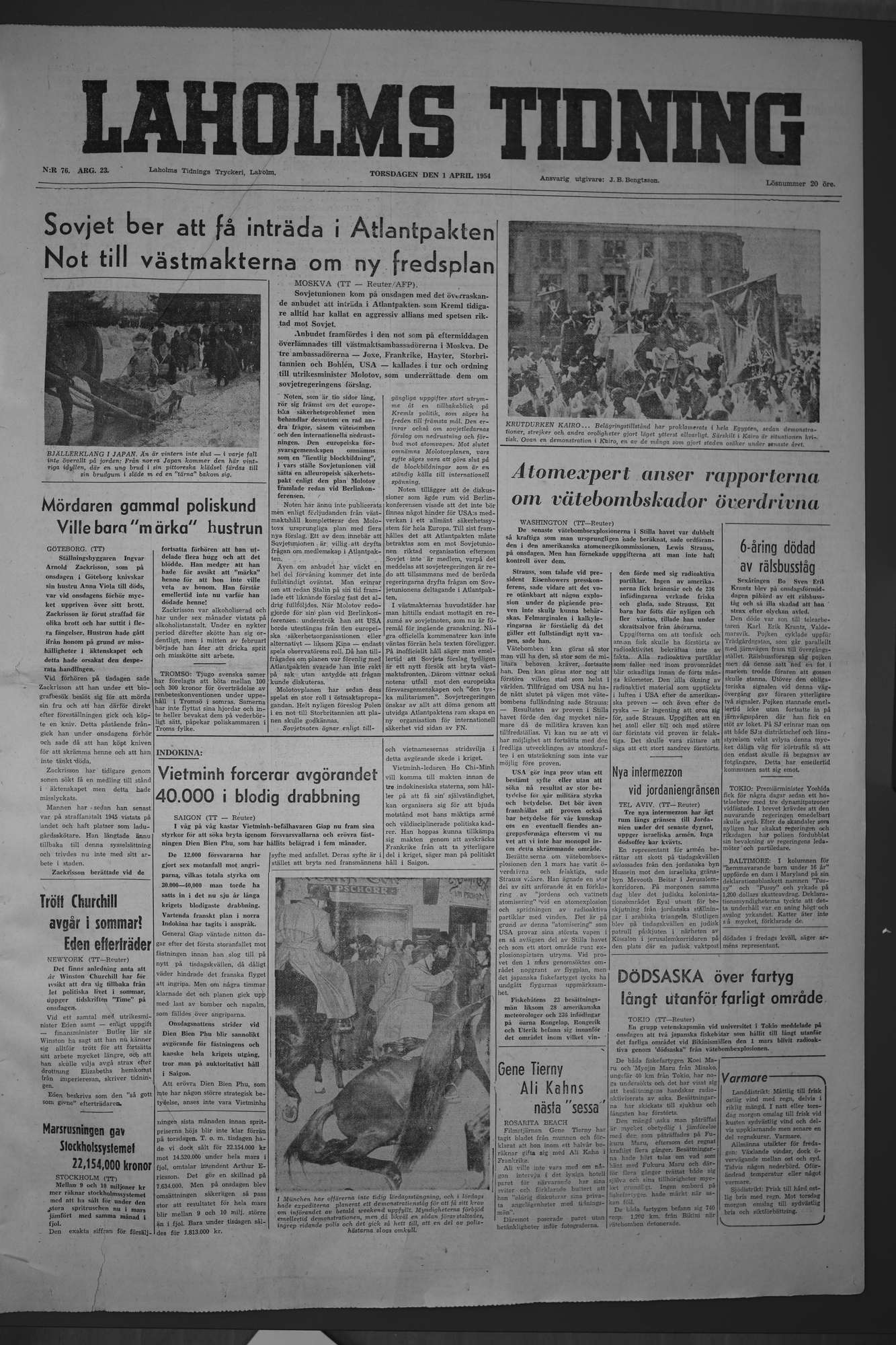 Laholms Tidning Torsdag 1 april 1954, sida 1