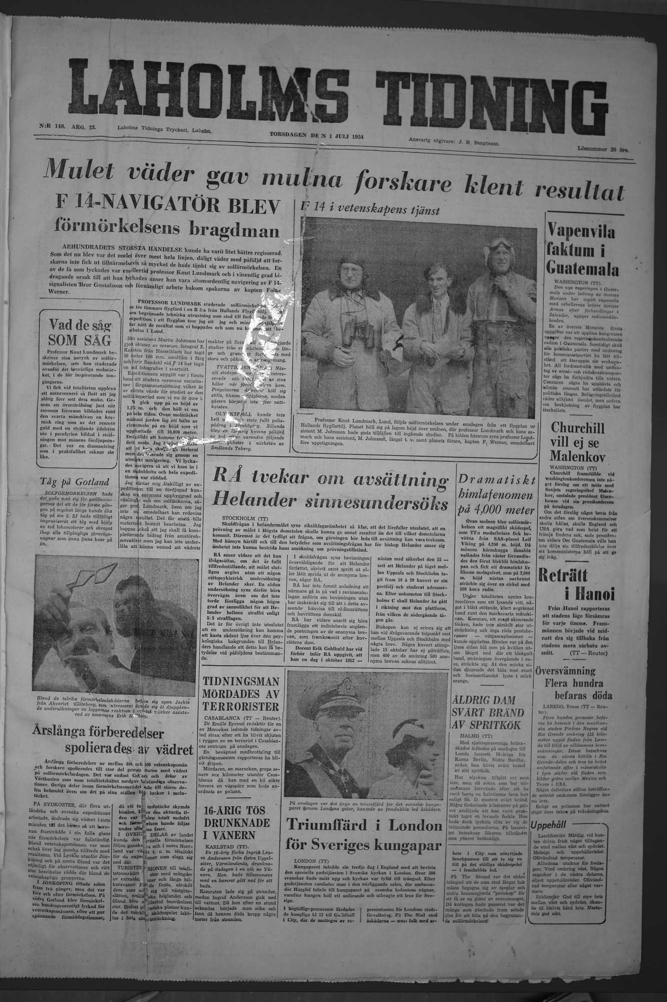 Laholms Tidning Torsdag 1 juli 1954, sida 1