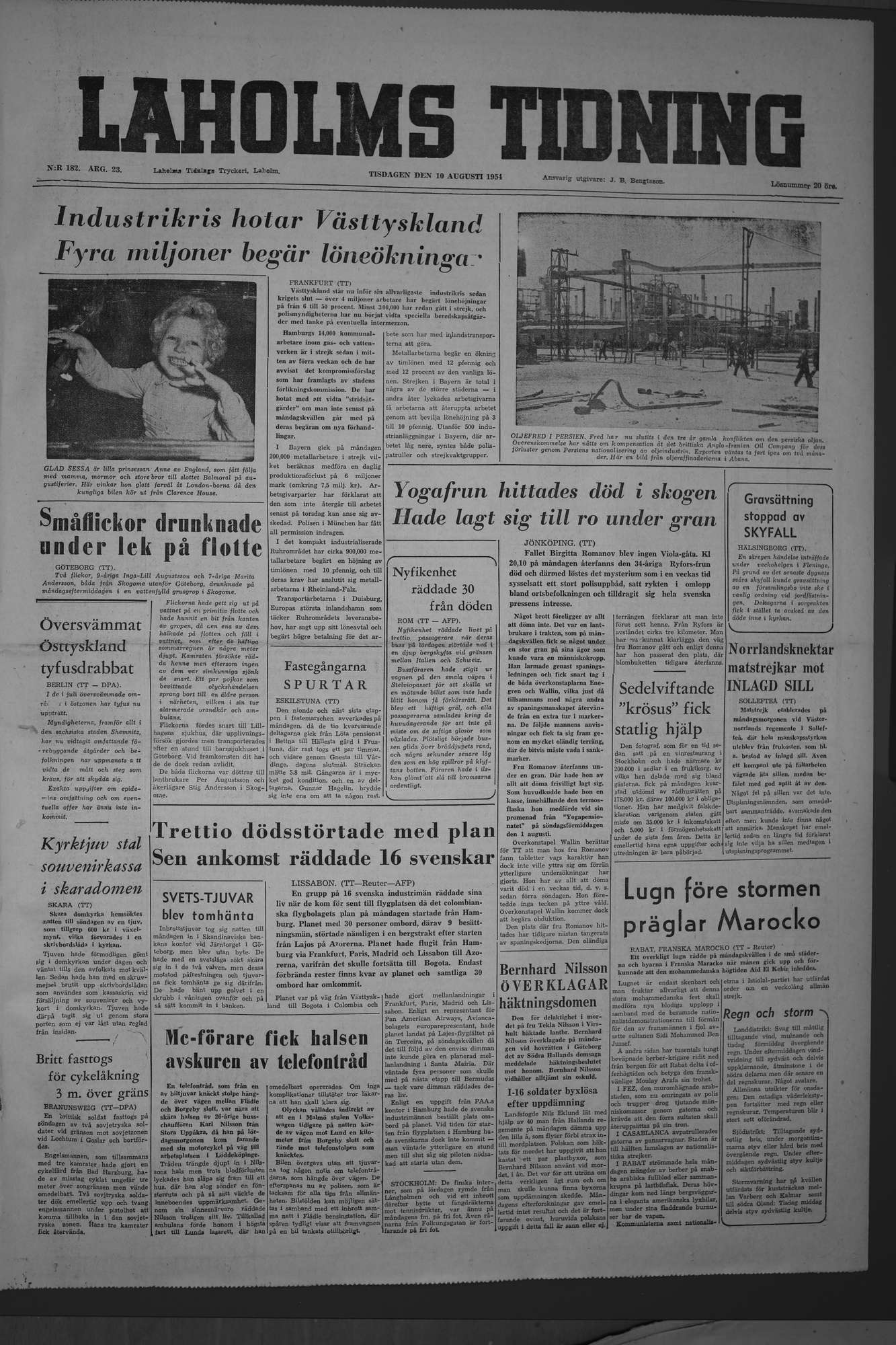 Laholms Tidning Tisdag 10 augusti 1954, sida 1