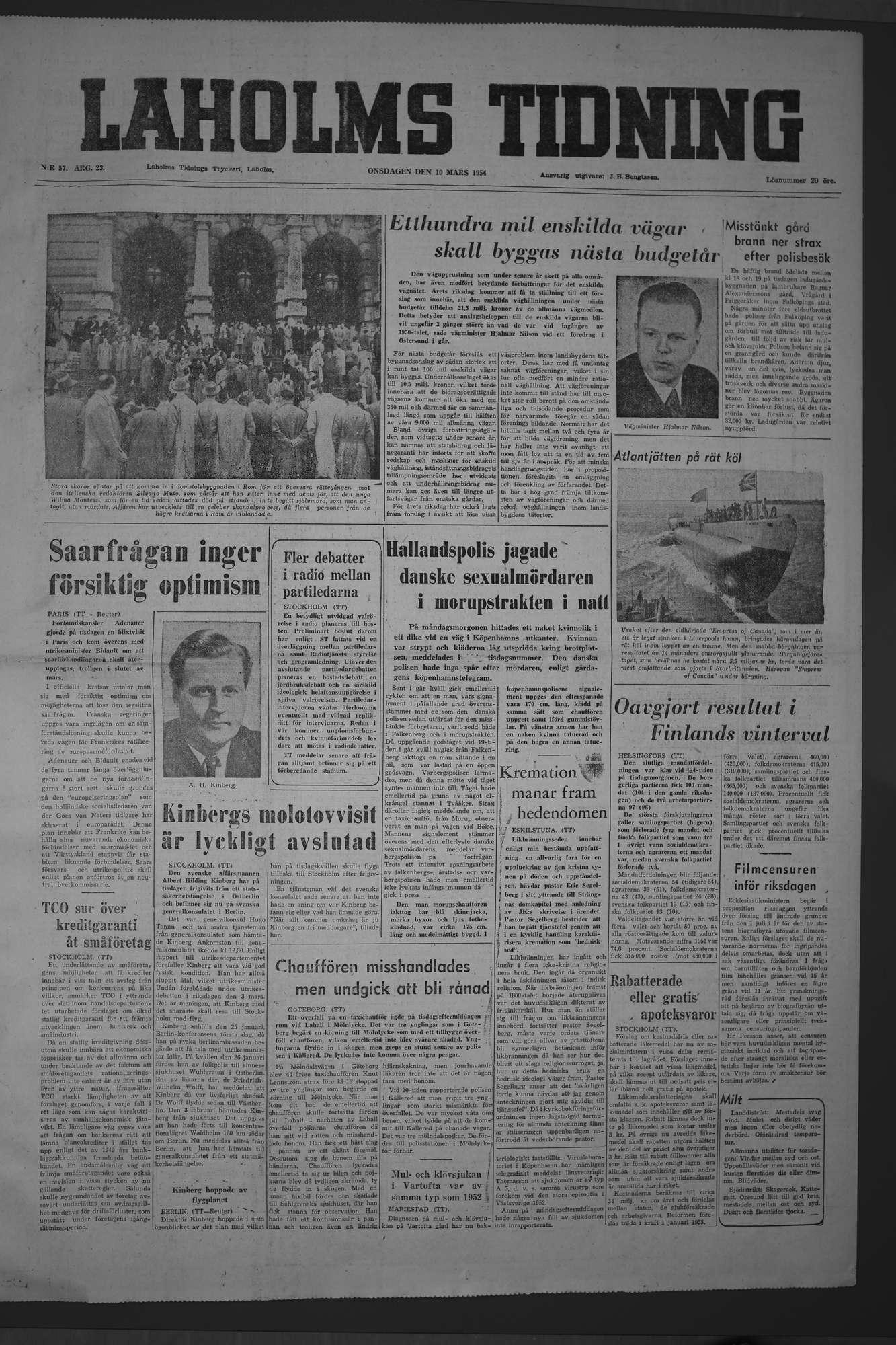 Laholms Tidning Onsdag 10 mars 1954, sida 1