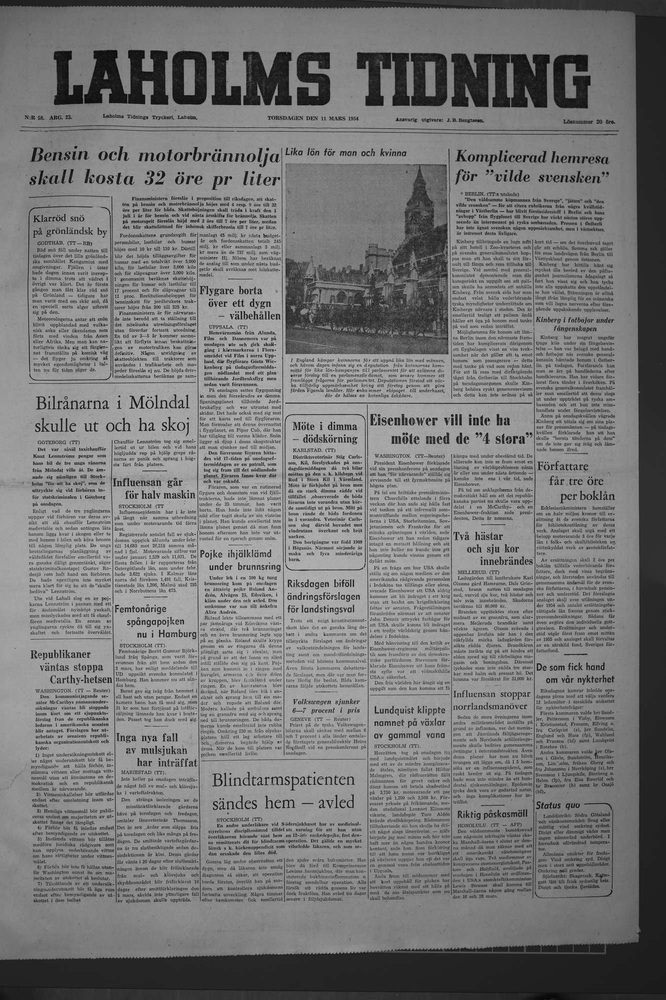 Laholms Tidning Torsdag 11 mars 1954, sida 1