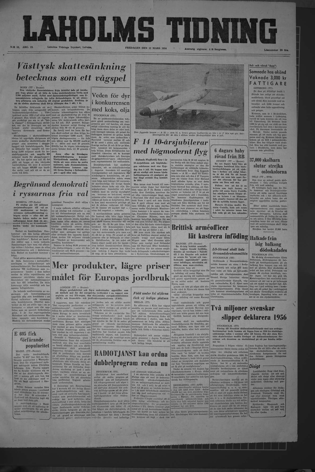 Laholms Tidning Fredag 12 mars 1954, sida 1