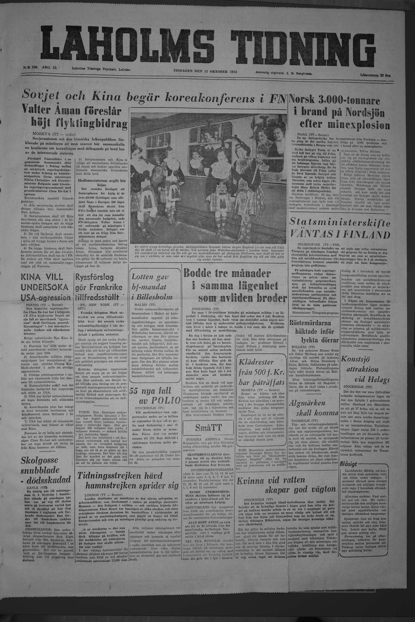Laholms Tidning Tisdag 12 oktober 1954, sida 1