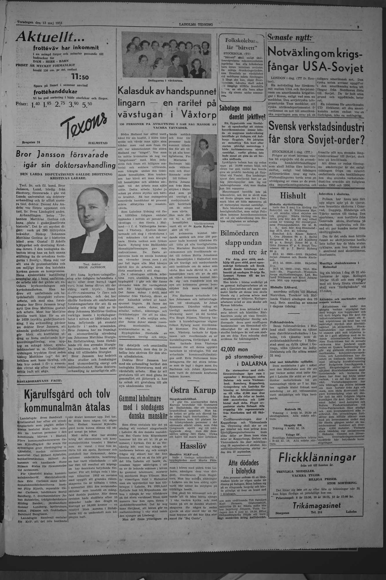Laholms Tidning Torsdag 13 maj 1954, sida 3