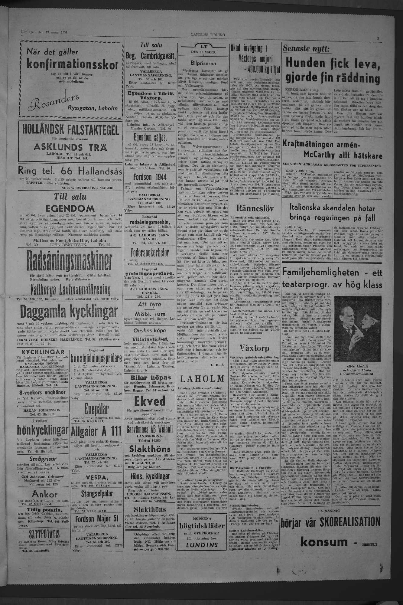 Laholms Tidning Lördag 13 mars 1954, sida 3
