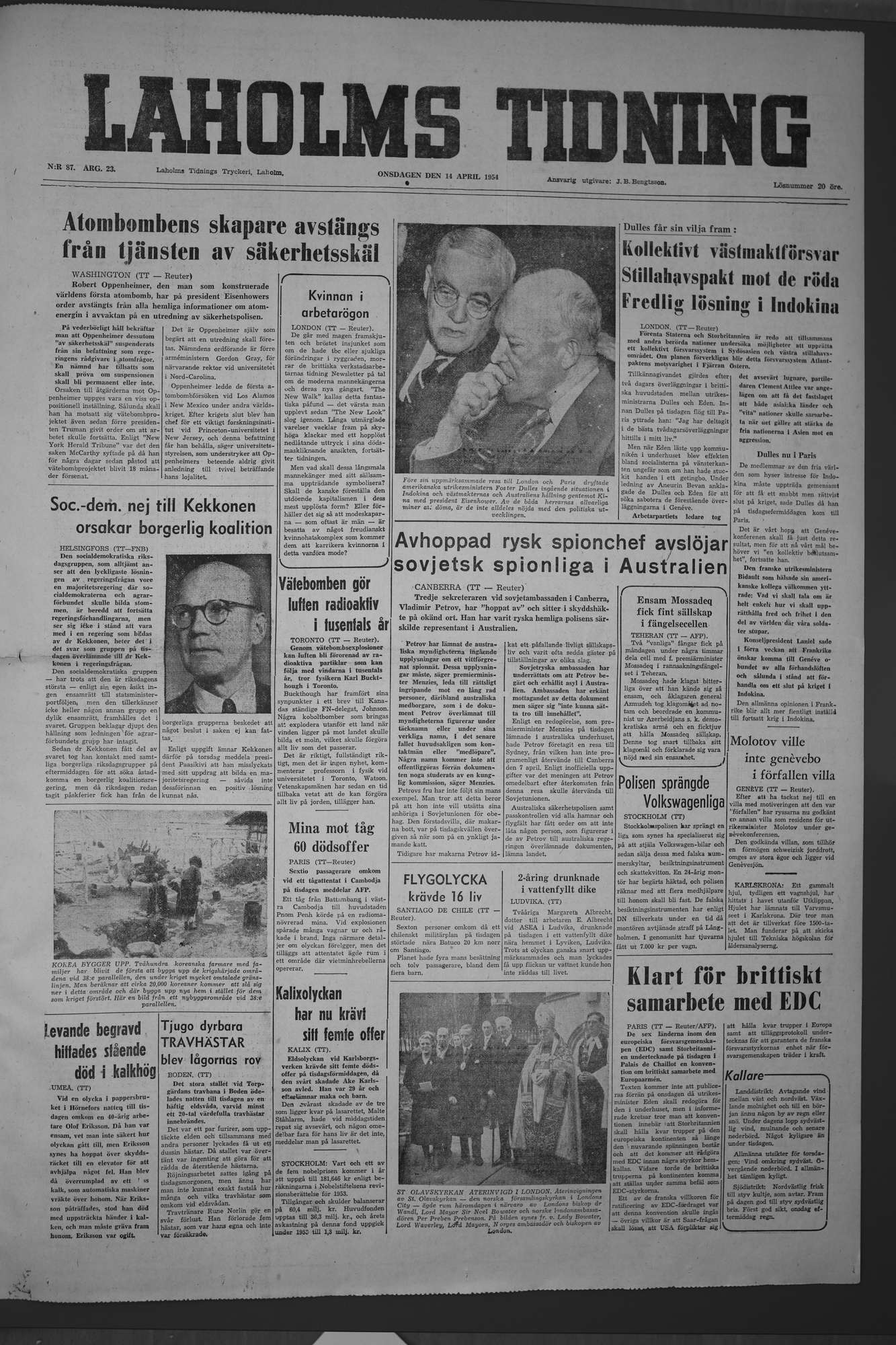 Laholms Tidning Onsdag 14 april 1954, sida 1