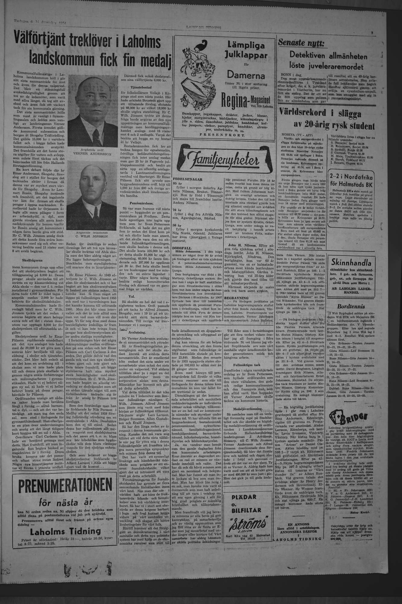 Laholms Tidning Tisdag 14 december 1954, sida 3
