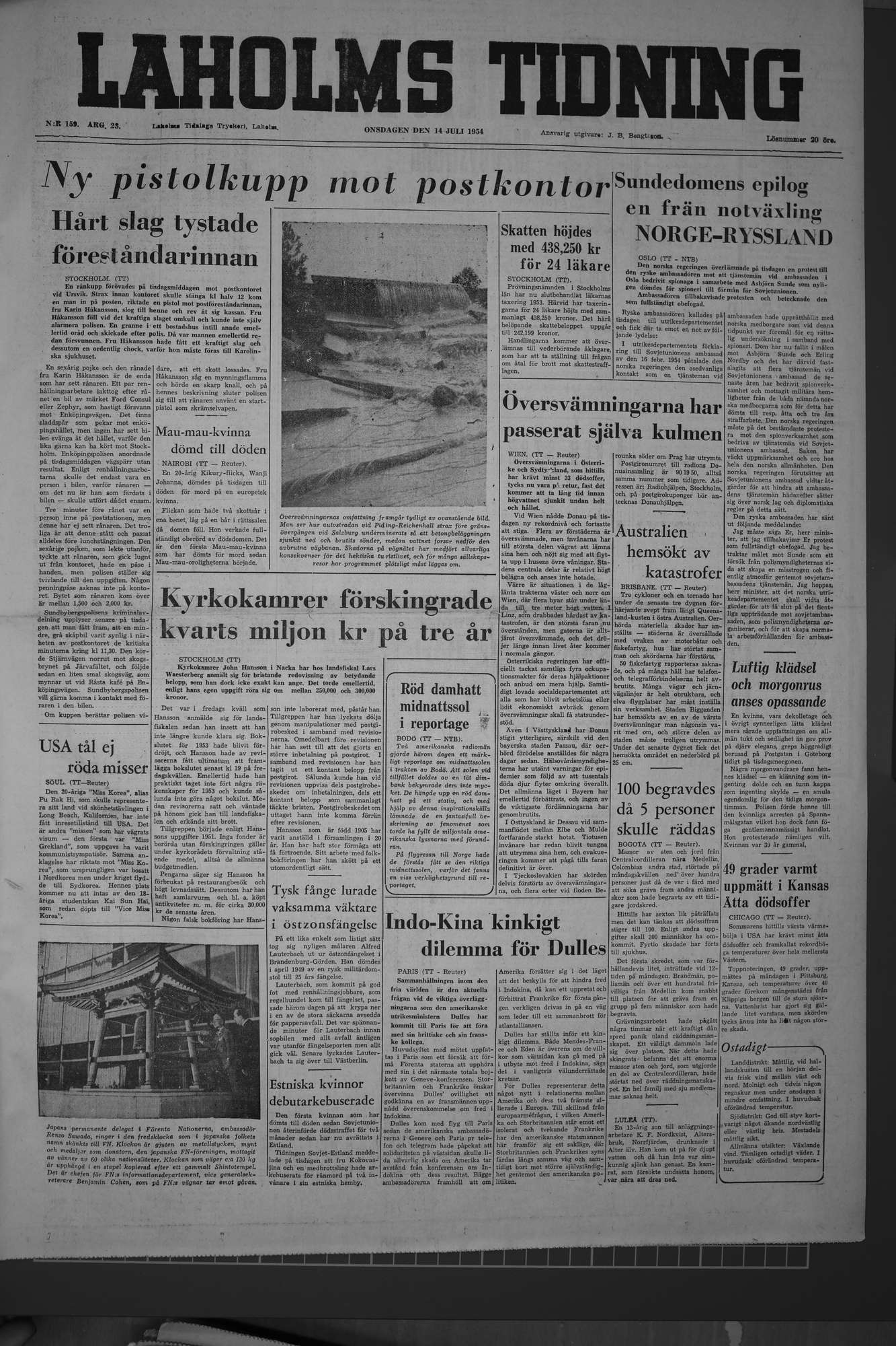 Laholms Tidning Onsdag 14 juli 1954, sida 1
