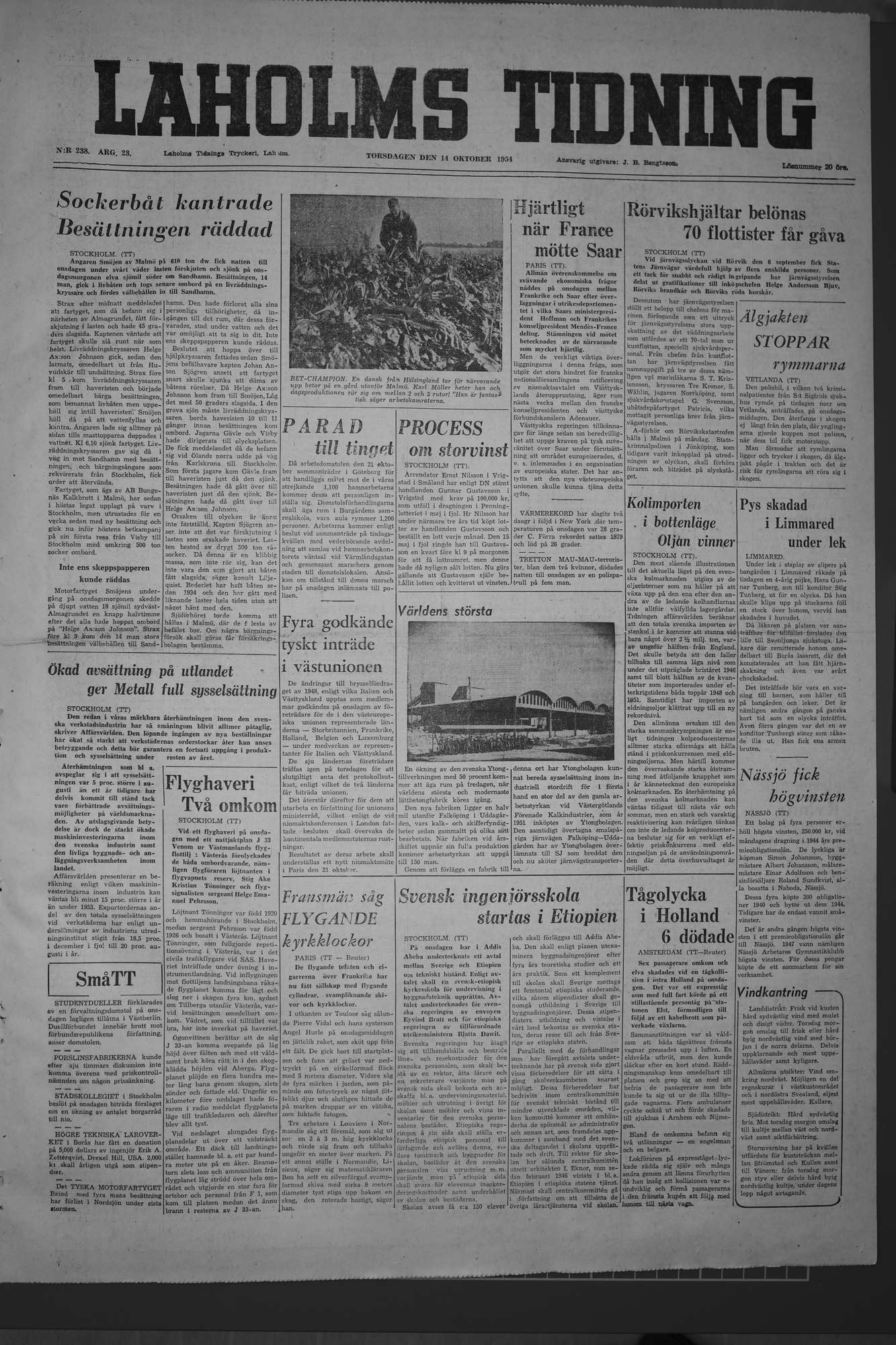 Laholms Tidning Torsdag 14 oktober 1954, sida 1