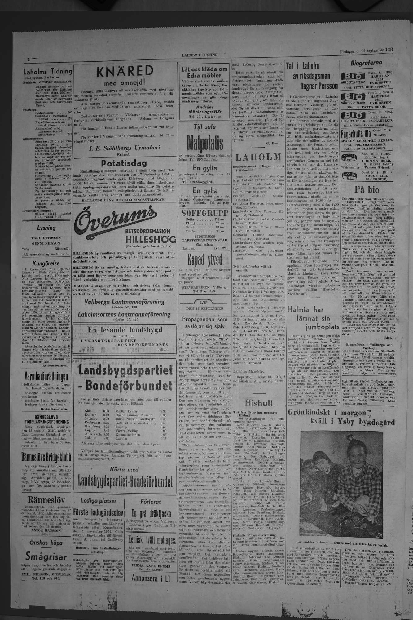Laholms Tidning Tisdag 14 september 1954, sida 2