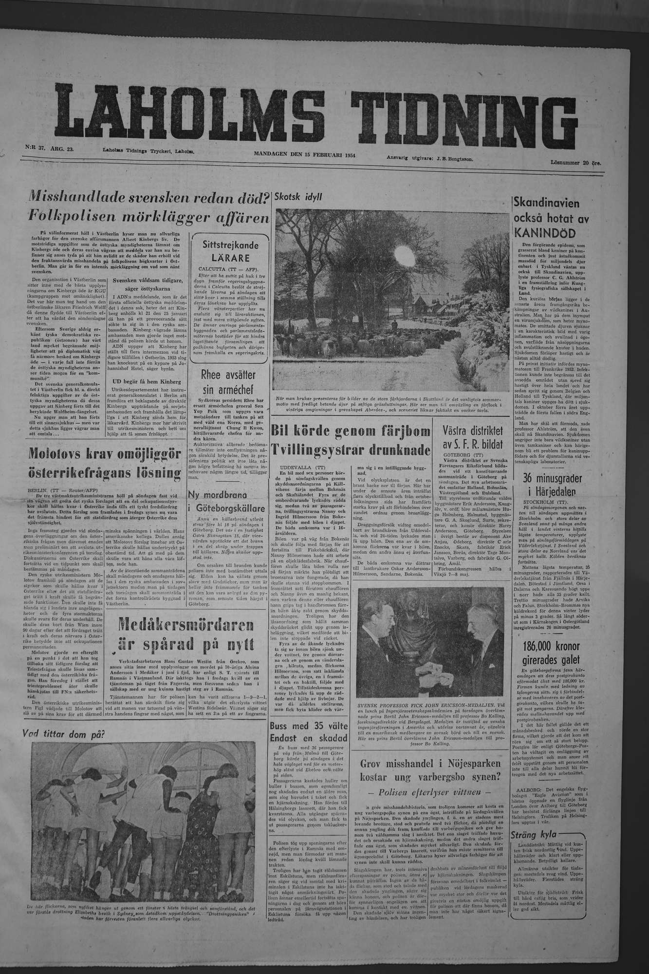 Laholms Tidning Måndag 15 februari 1954, sida 1
