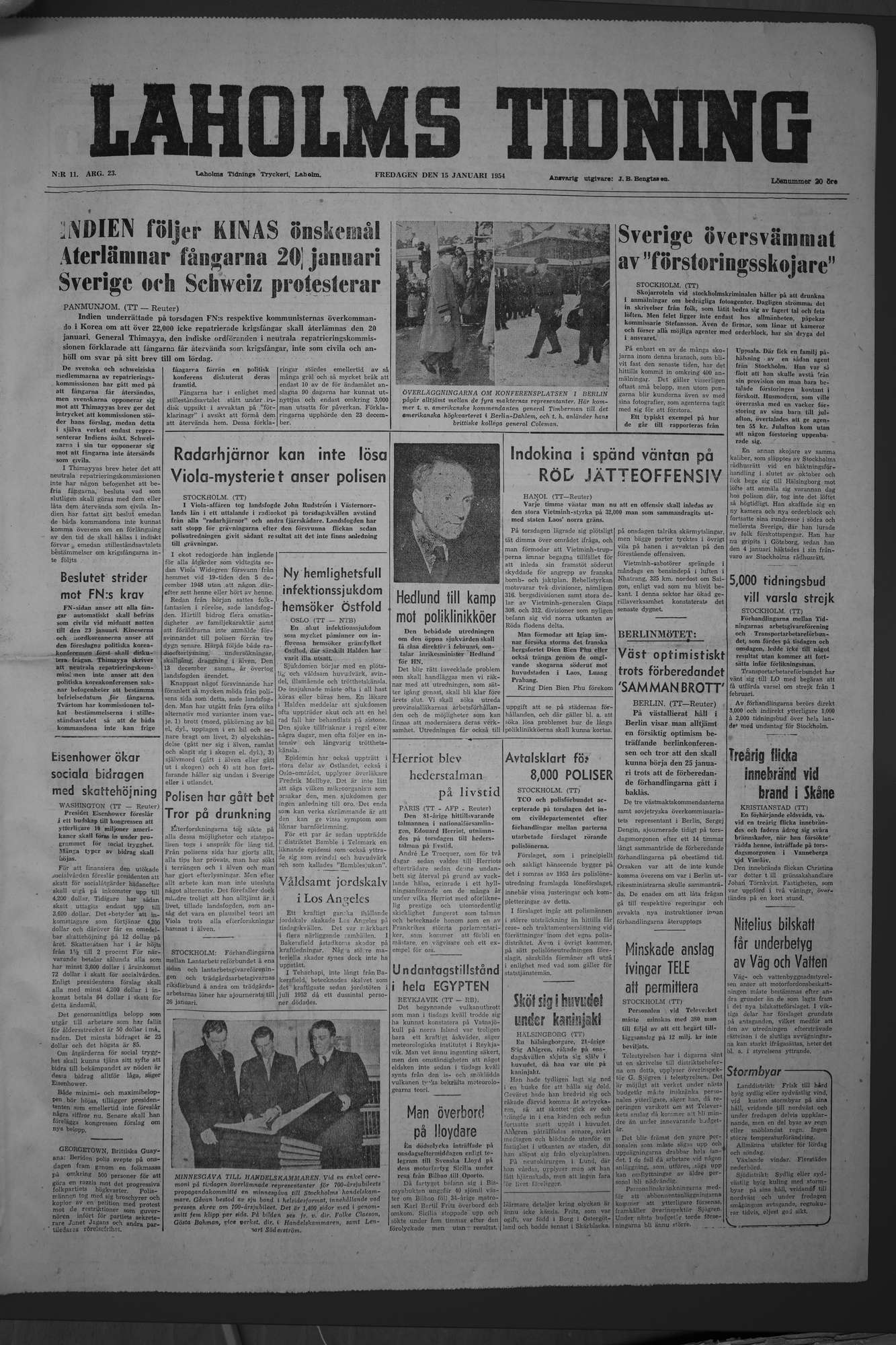 Laholms Tidning Fredag 15 januari 1954, sida 1