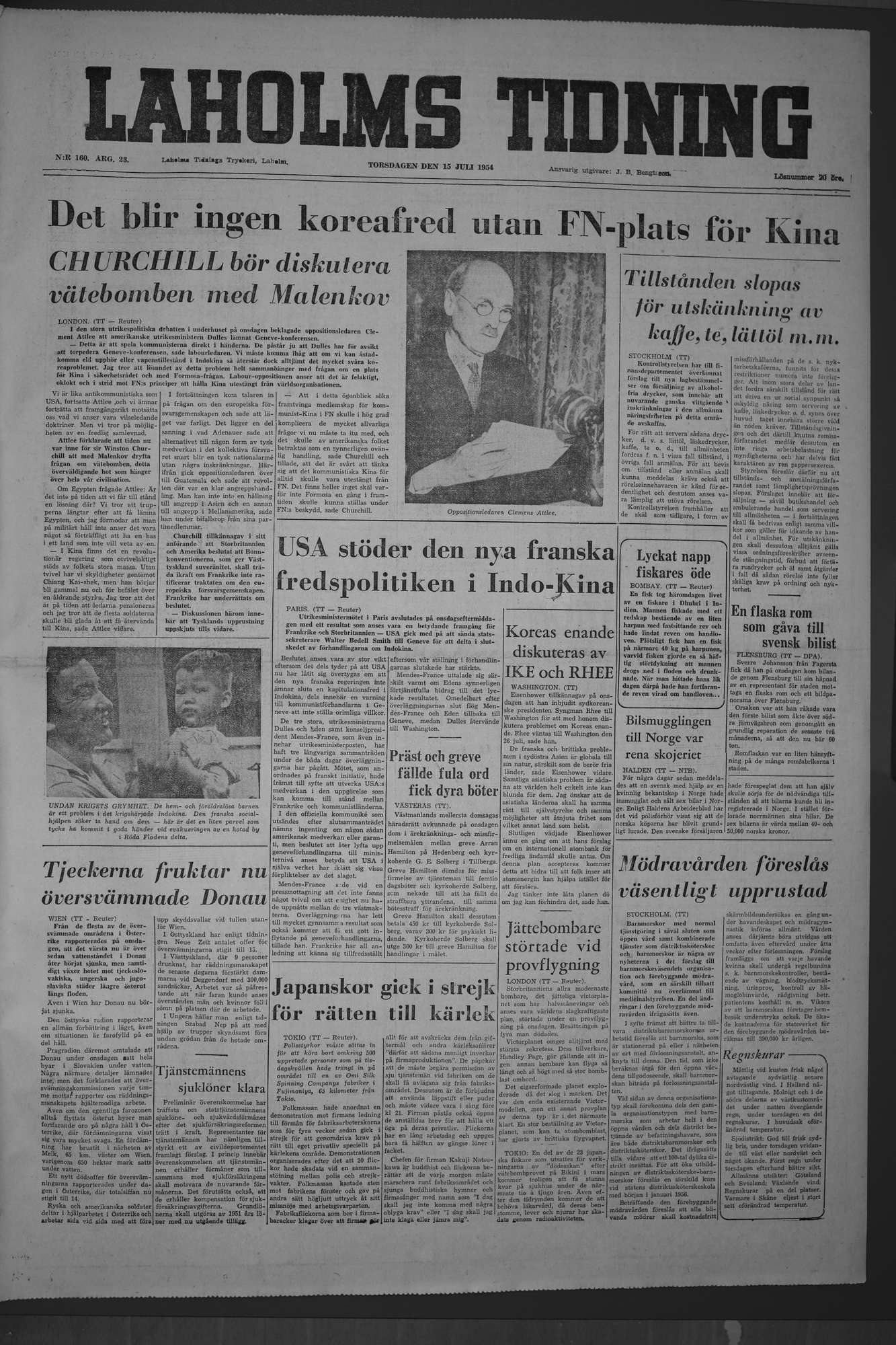 Laholms Tidning Torsdag 15 juli 1954, sida 1