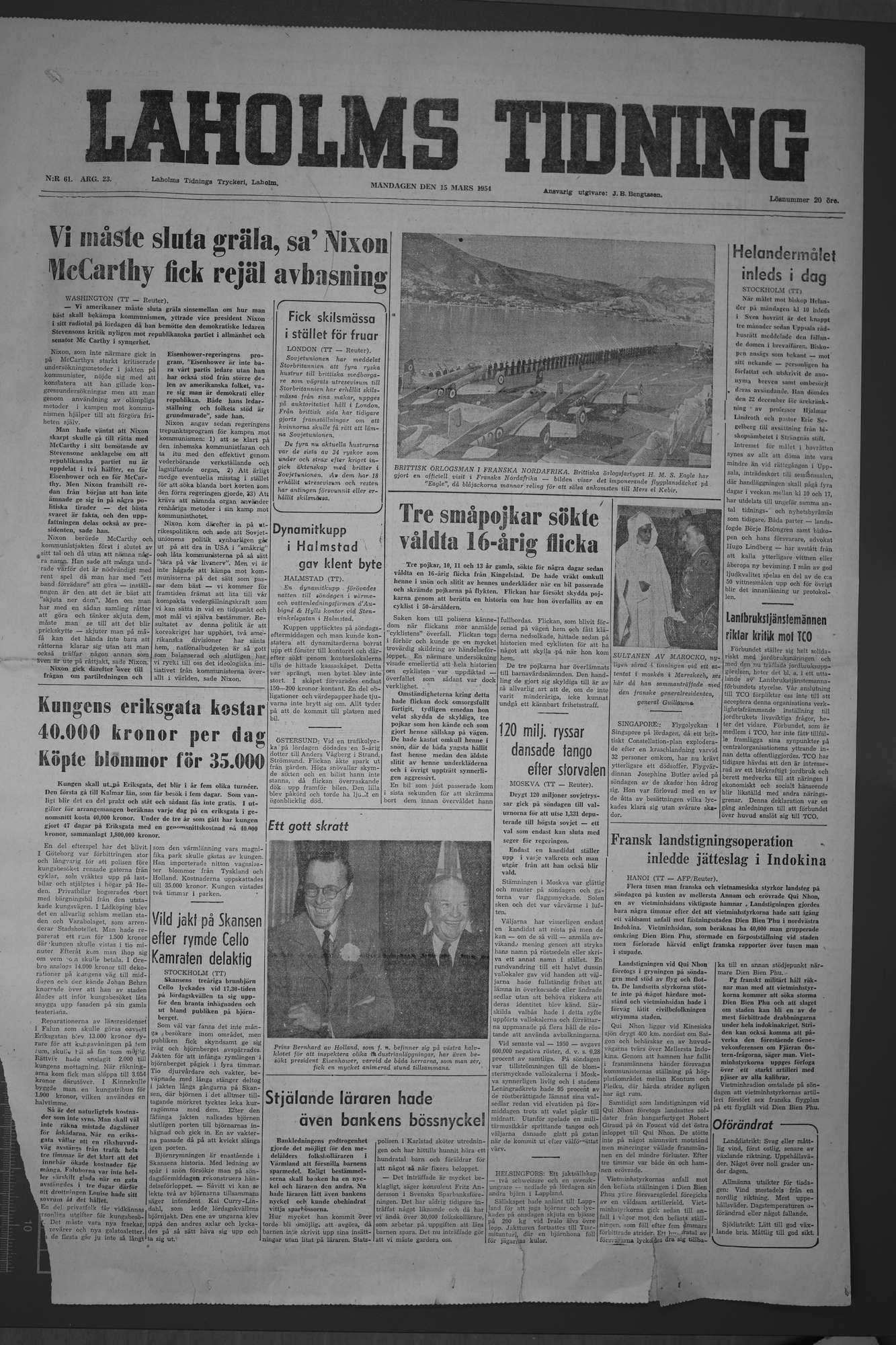 Laholms Tidning Måndag 15 mars 1954, sida 1