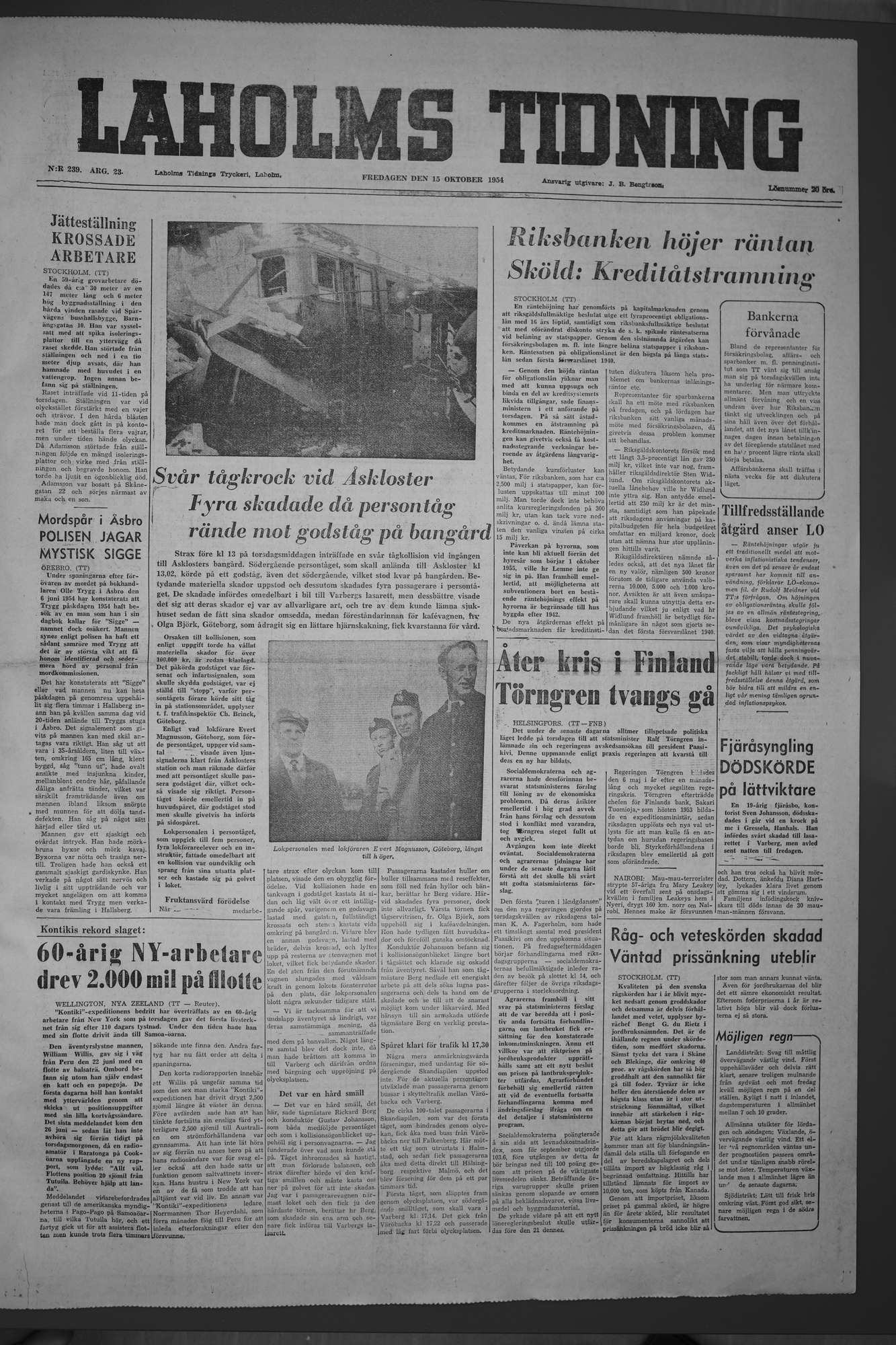 Laholms Tidning Fredag 15 oktober 1954, sida 1